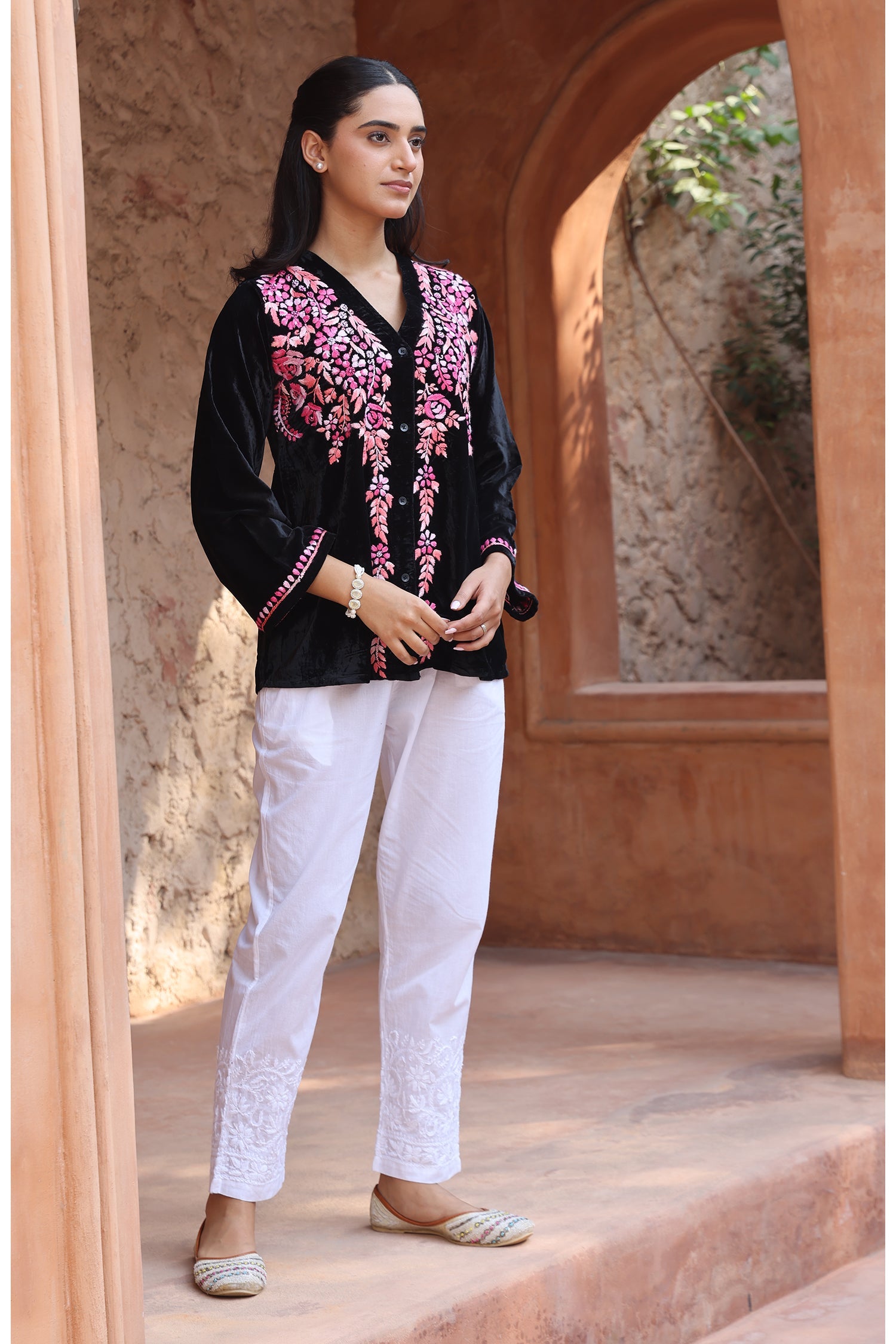 Velvet Chikankari Short Kurti – Black