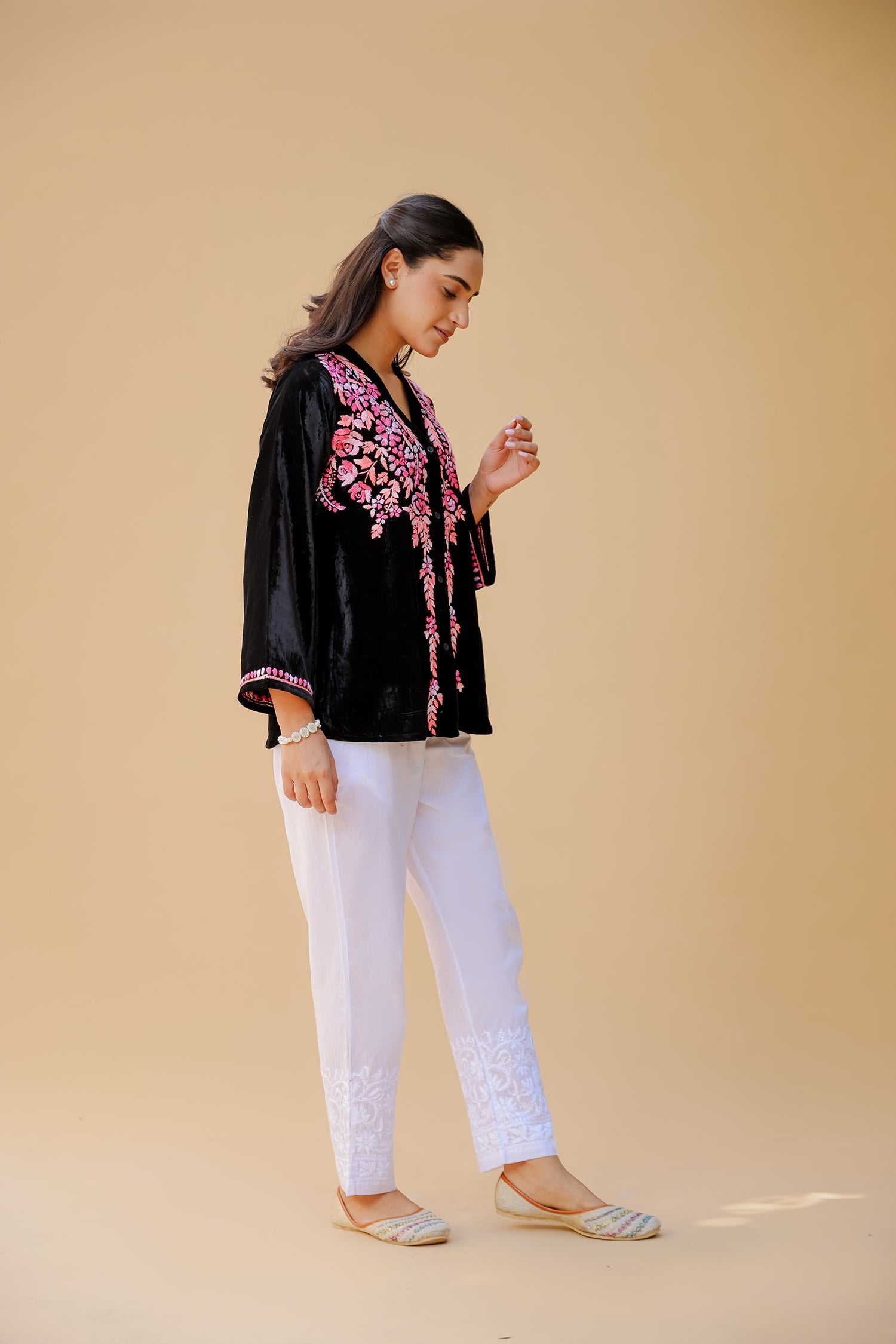 Velvet Chikankari Short Kurti – Black