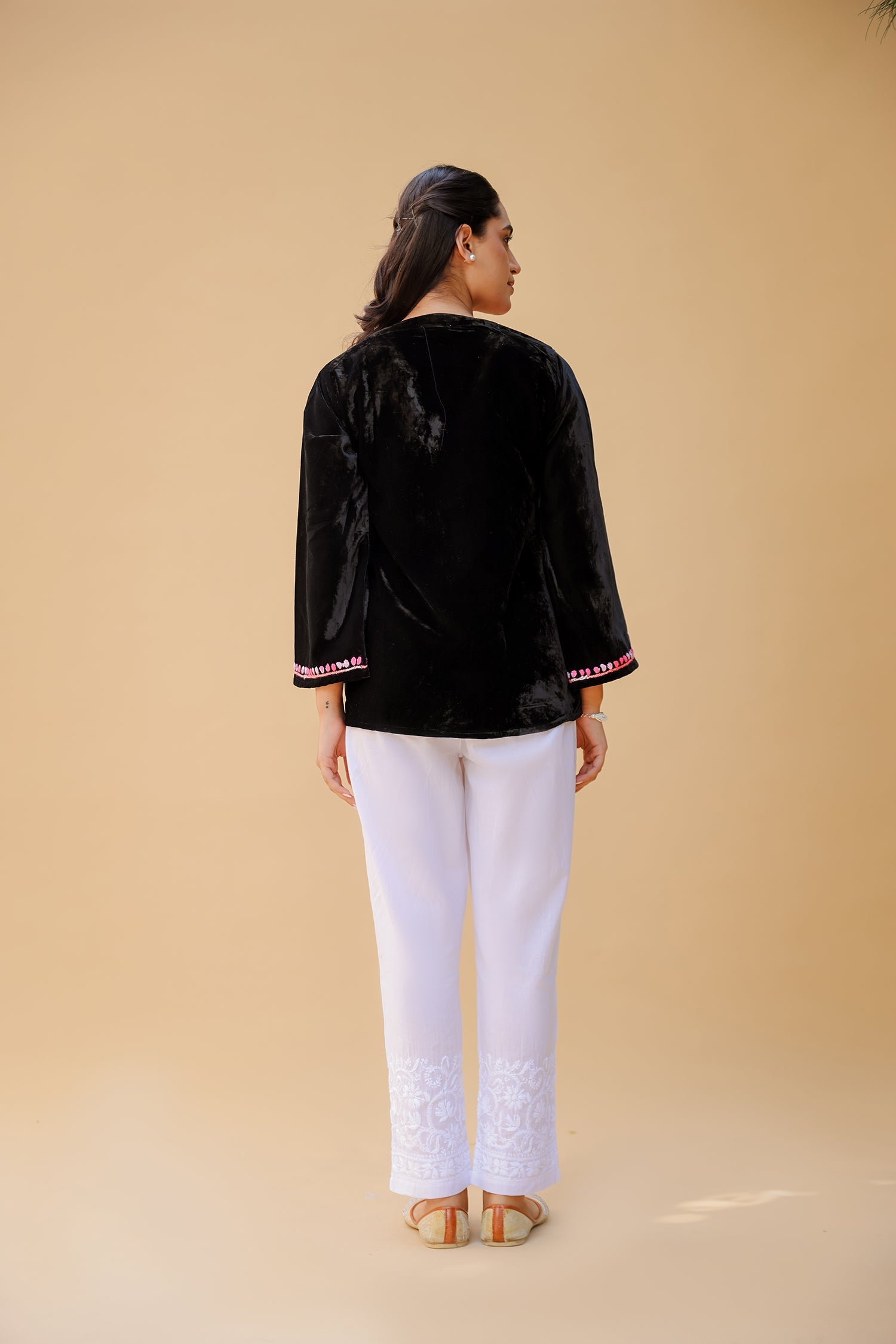 Velvet Chikankari Short Kurti – Black