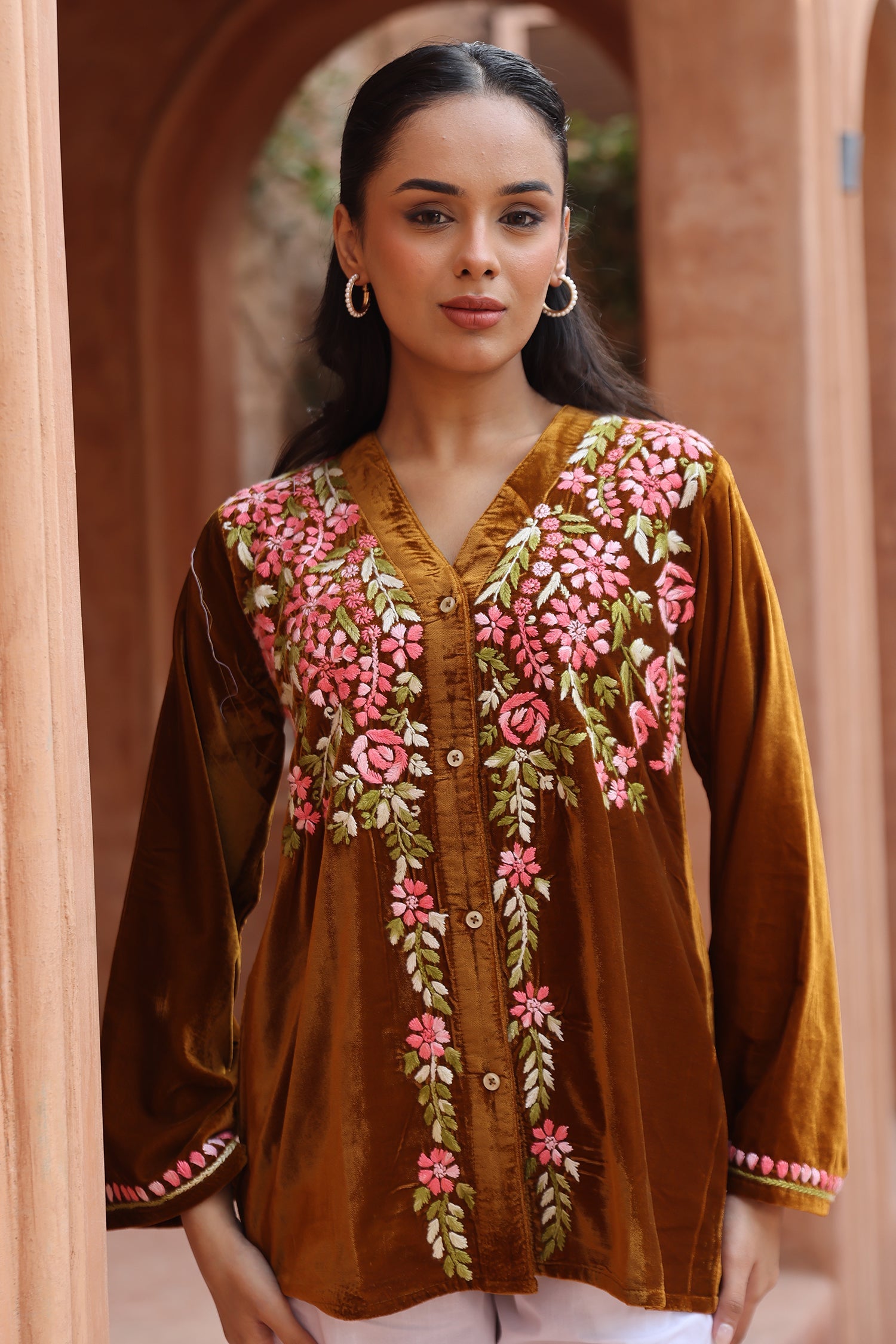 Velvet Chikankari Short Kurti – Brown