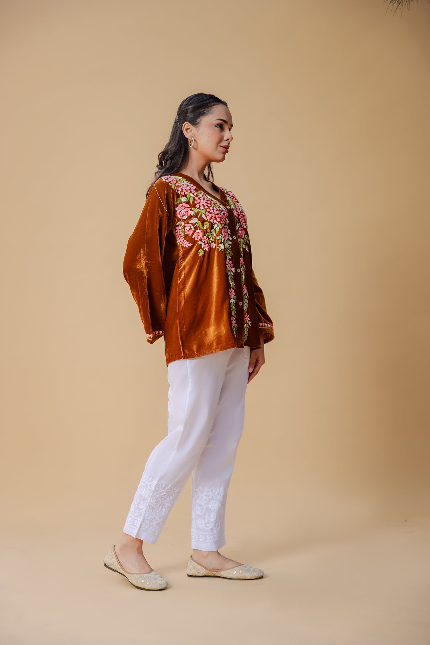 Velvet Chikankari Short Kurti – Brown