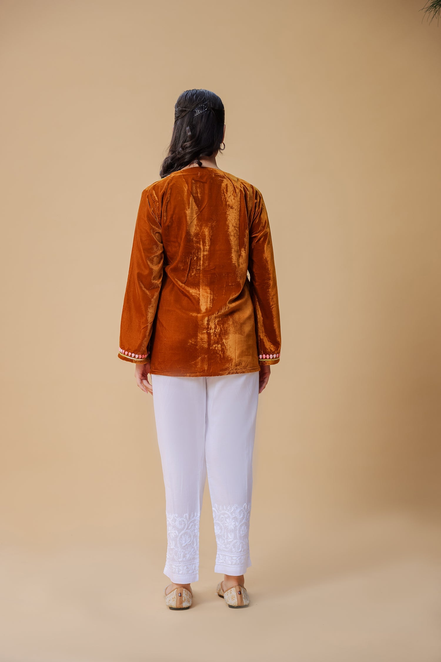 Velvet Chikankari Short Kurti – Brown