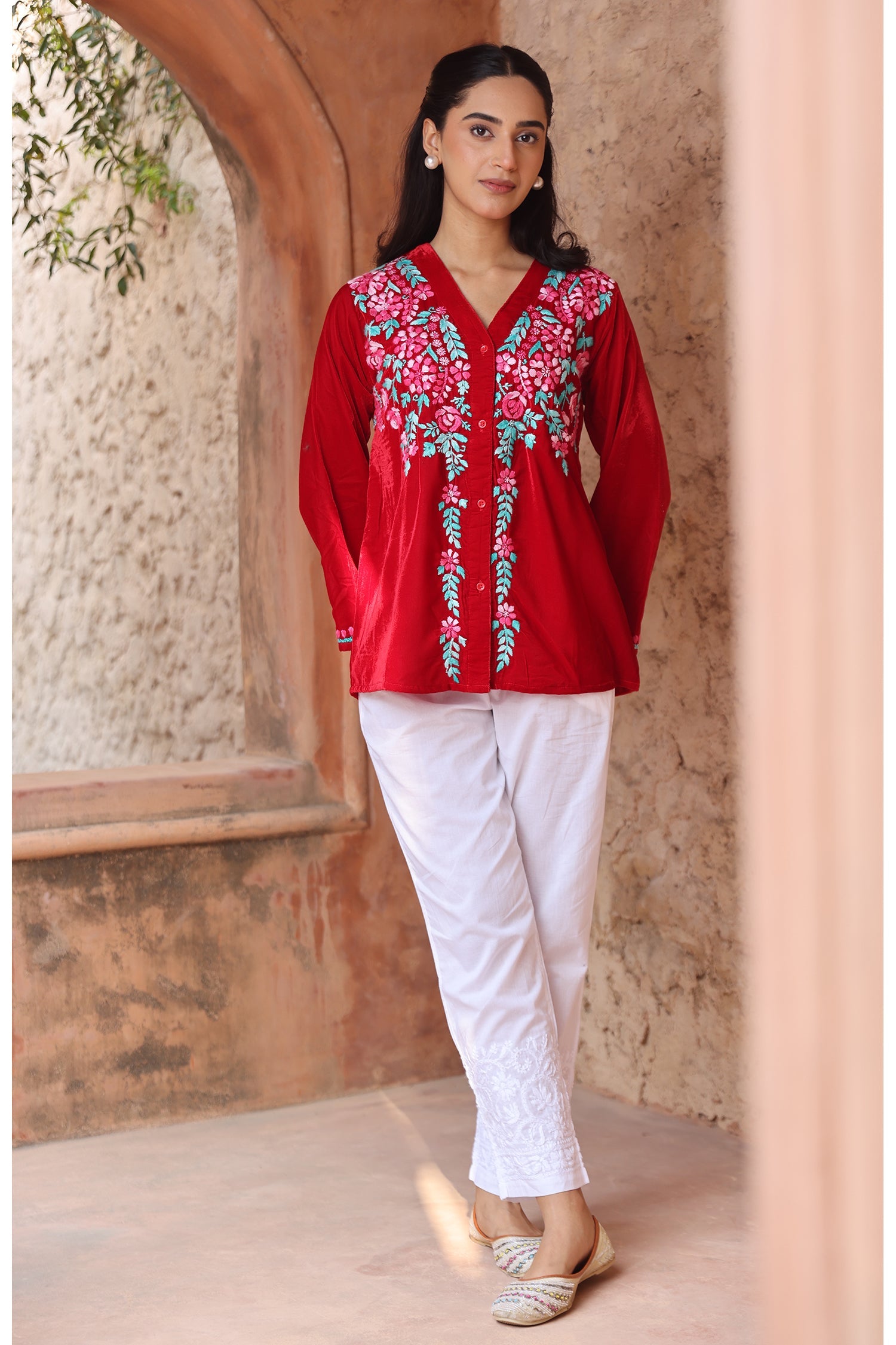 Velvet Chikankari Short Kurti – Red