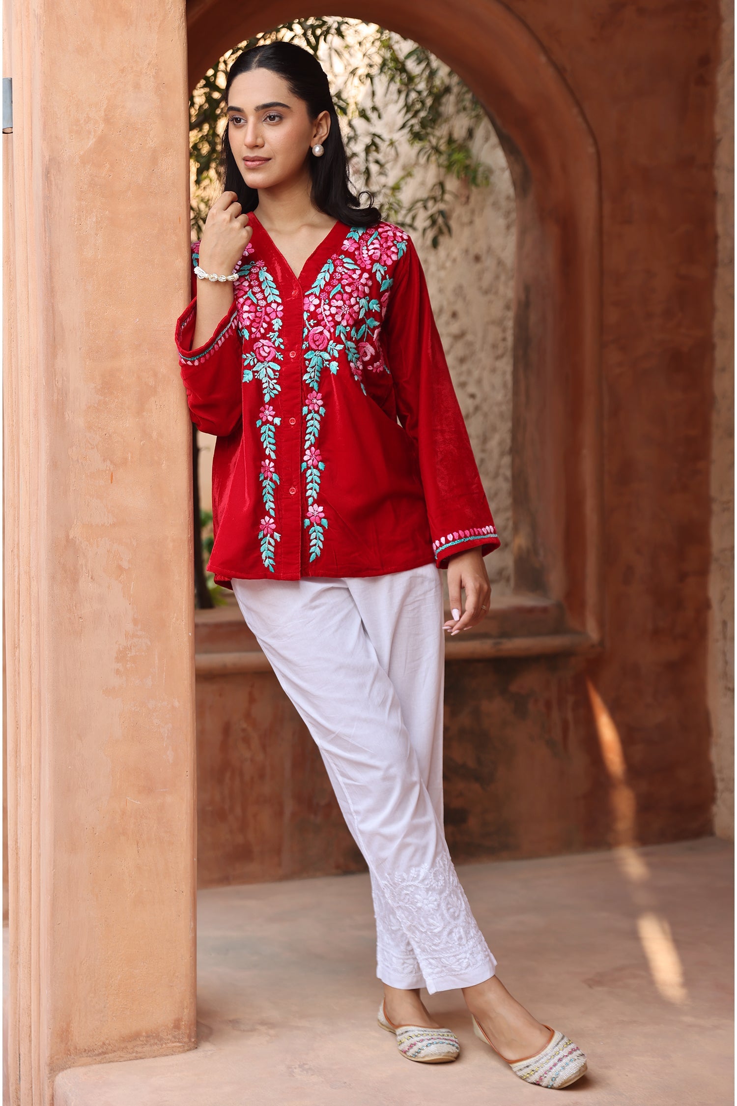 Velvet Chikankari Short Kurti – Red