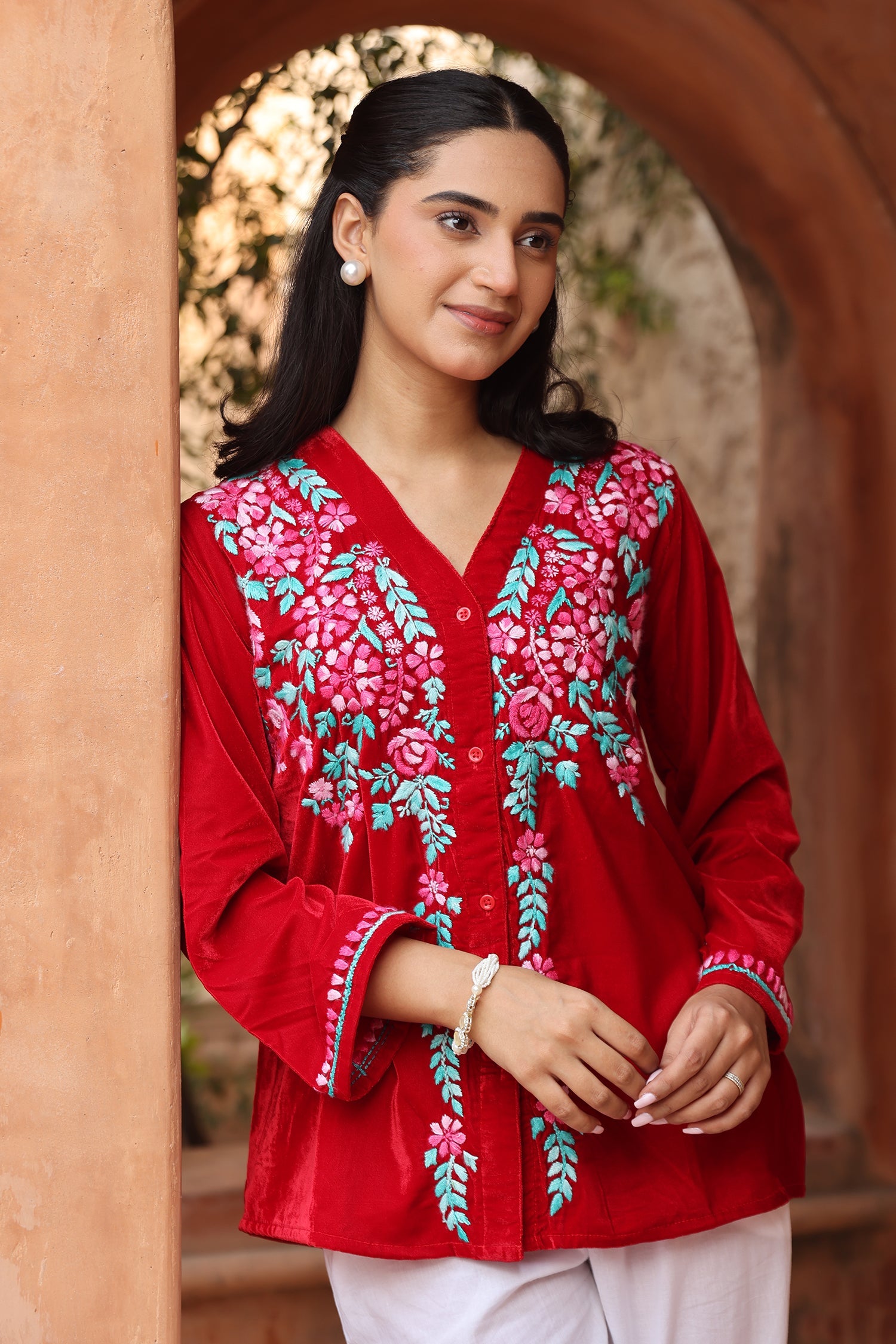 Velvet Chikankari Short Kurti – Red
