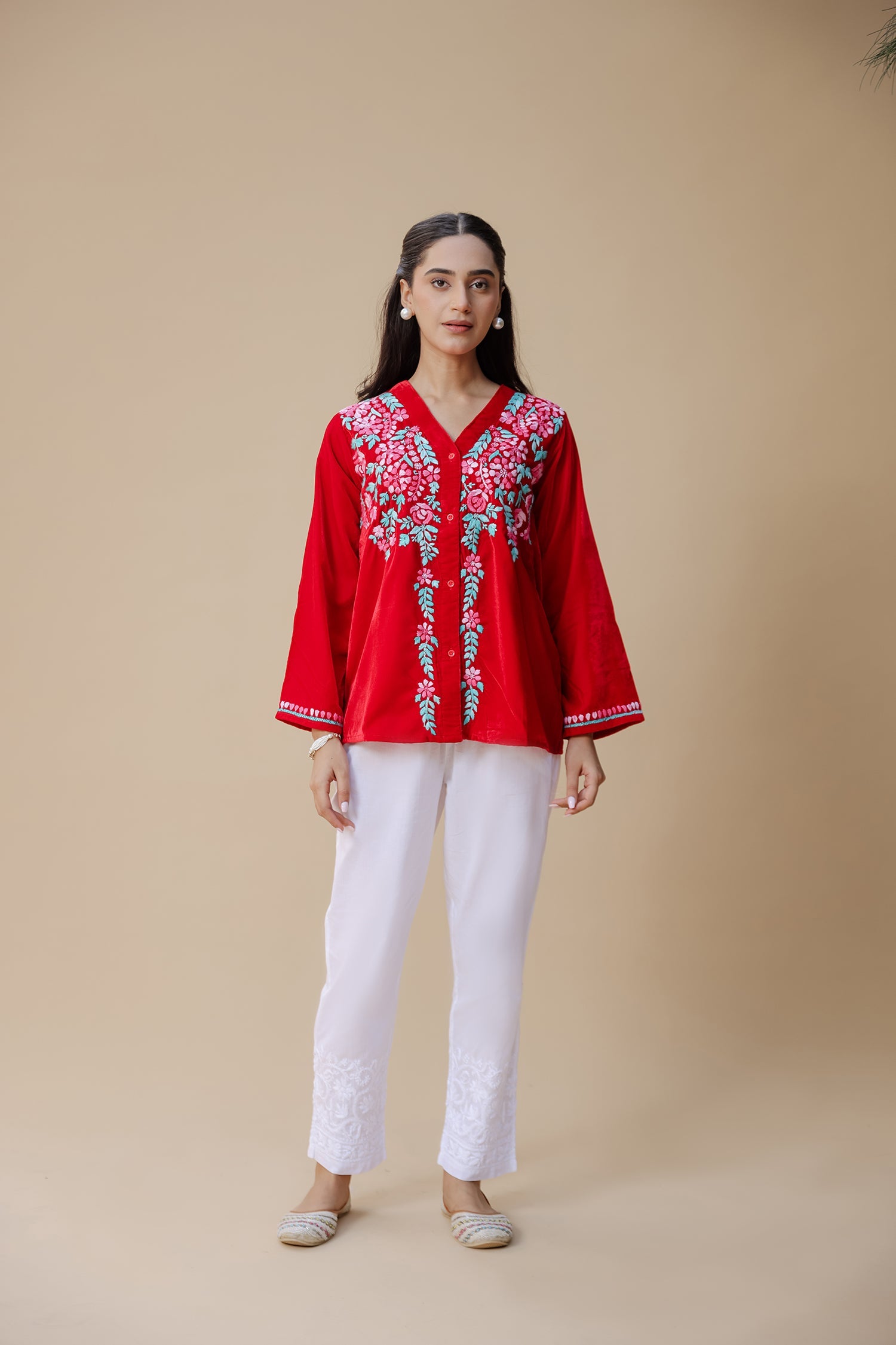 Velvet Chikankari Short Kurti – Red