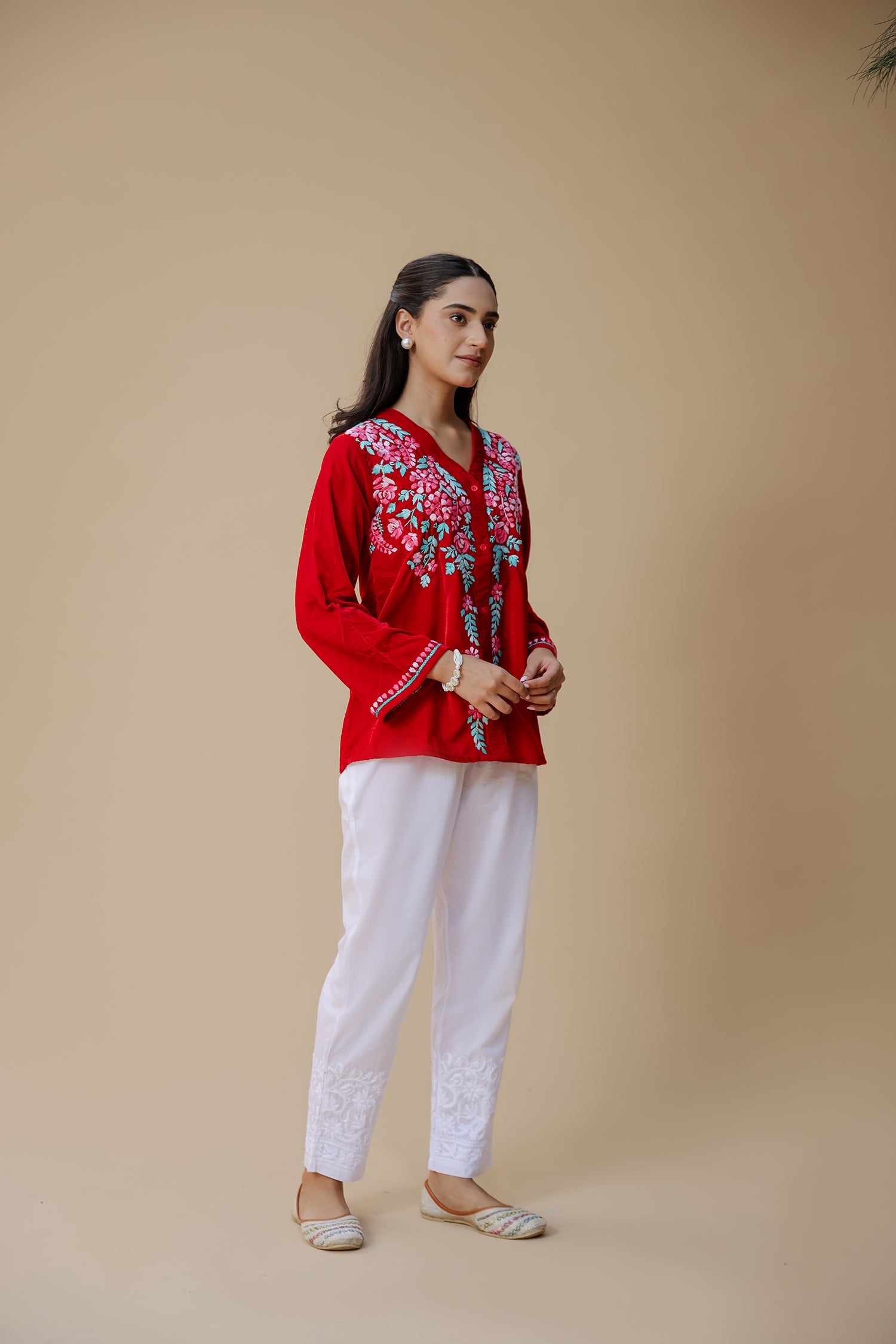Velvet Chikankari Short Kurti – Red