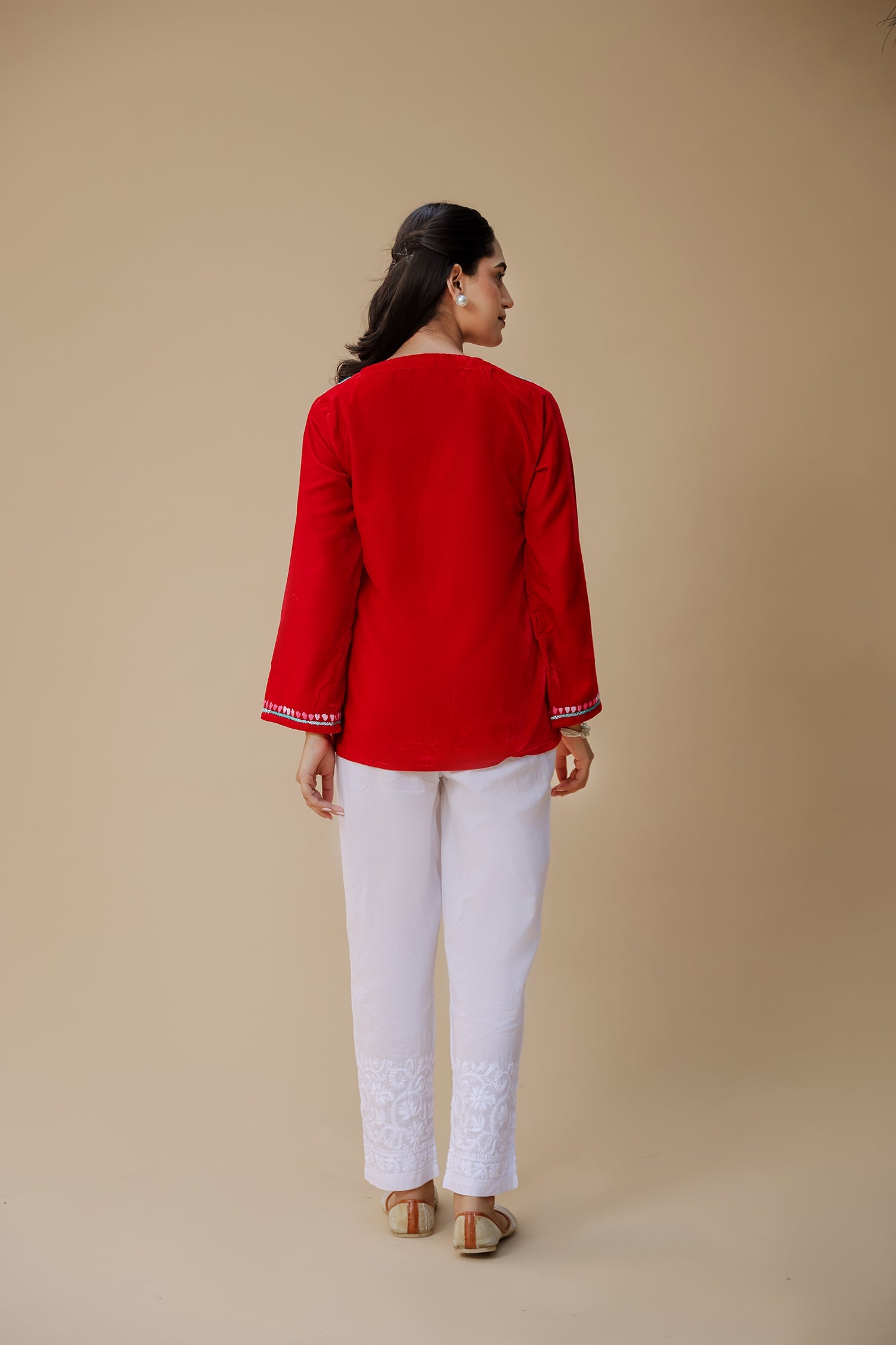 Velvet Chikankari Short Kurti – Red
