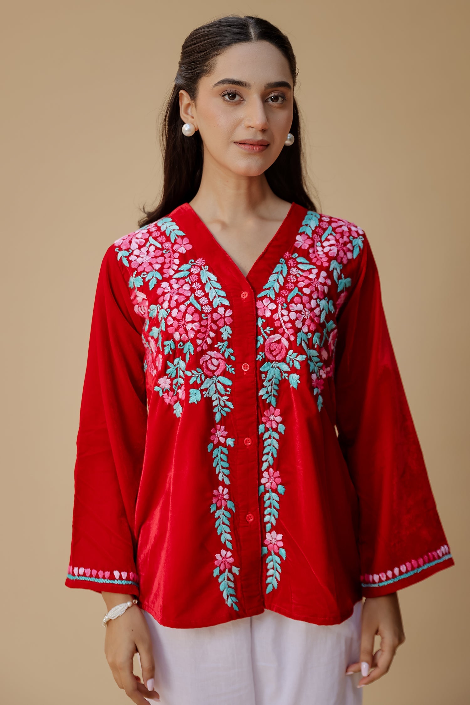 Velvet Chikankari Short Kurti – Red