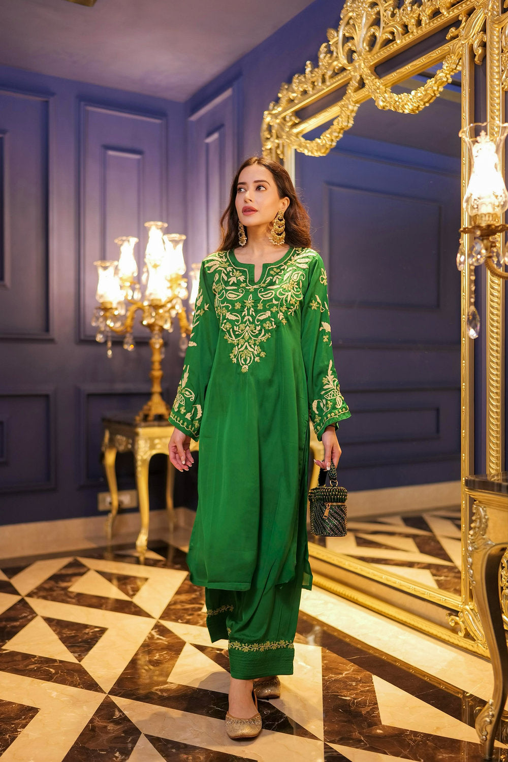 Komal X HOK Chikankari Kurta Set in Satin Silk with Farsi Pants – Green