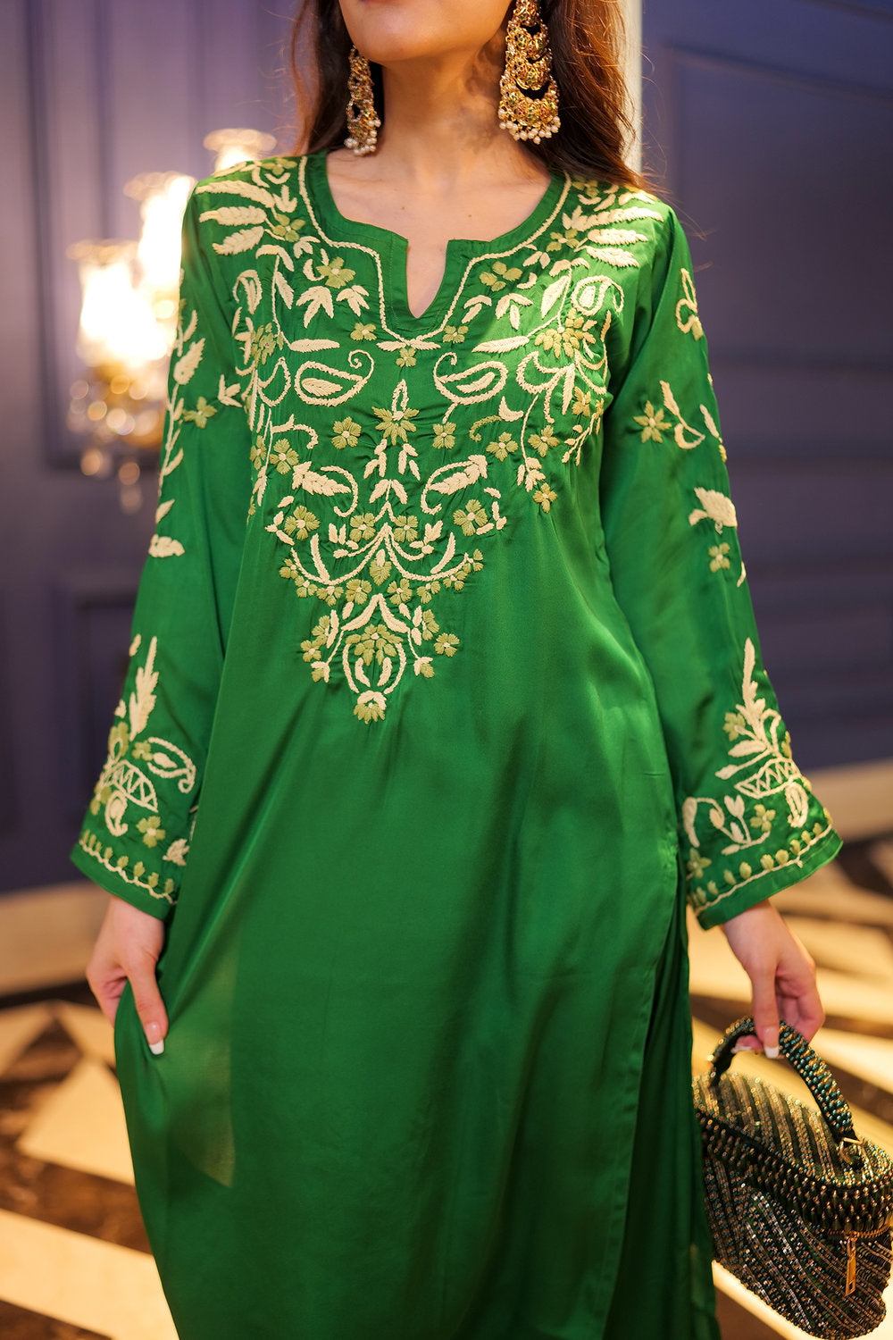 Komal X HOK Chikankari Kurta Set in Satin Silk with Farsi Pants – Green