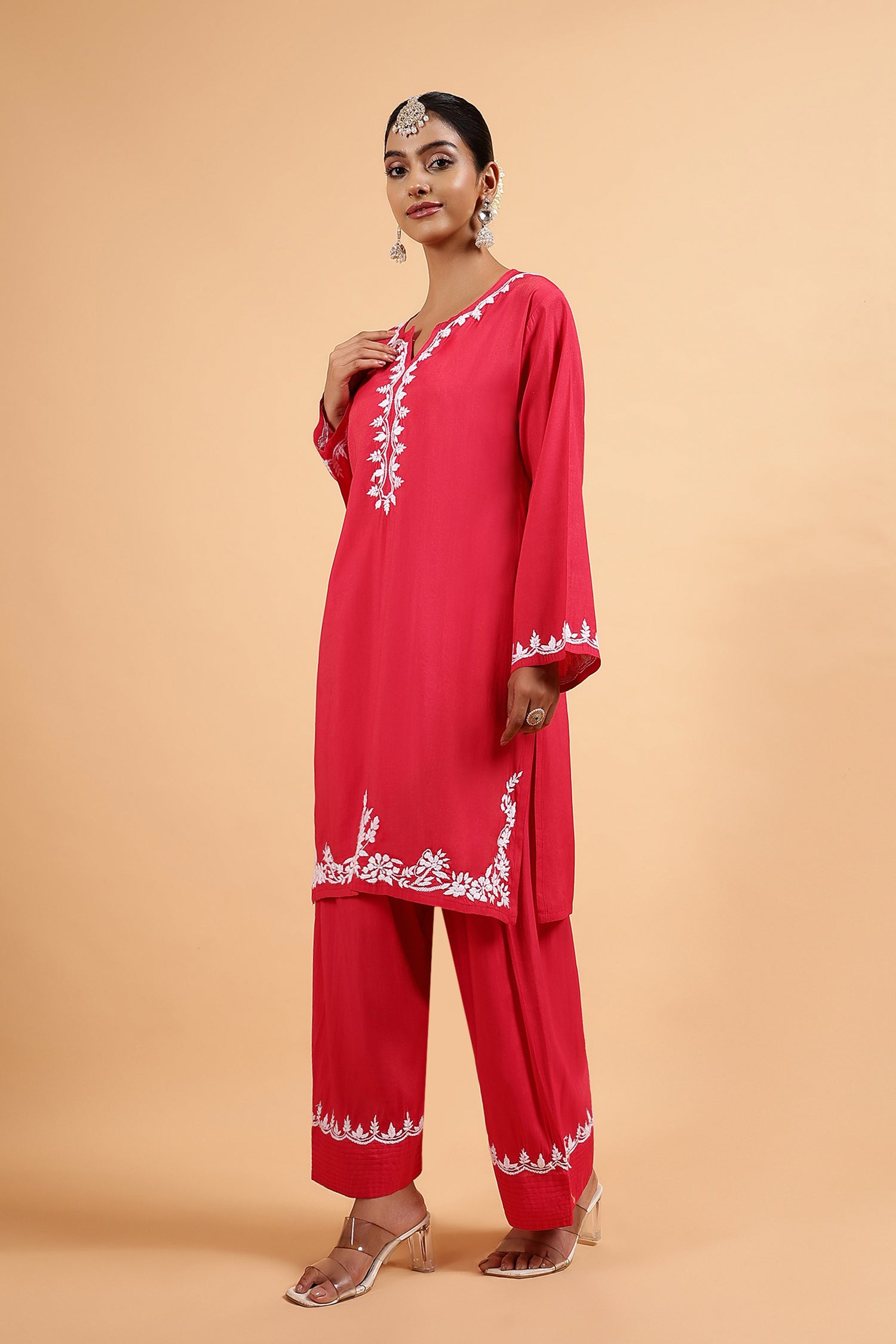 Chikankari Kurta Set in Viscose with Farsi Pants – Red