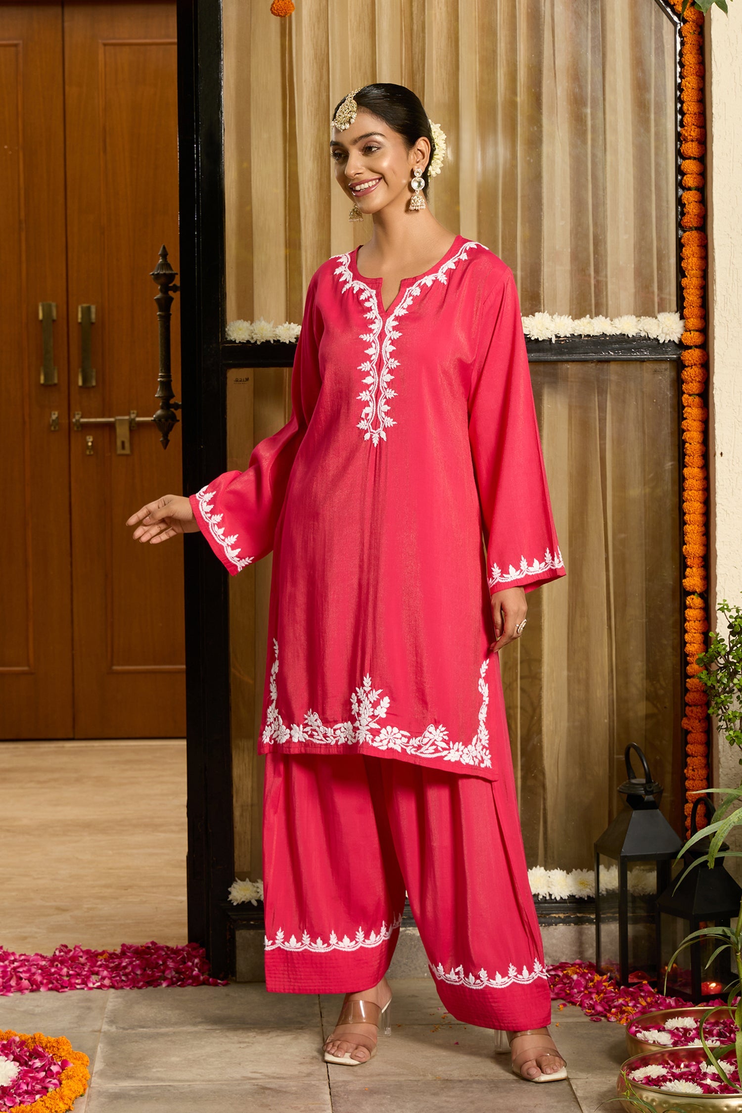 Chikankari Kurta Set in Viscose with Farsi Pants – Red