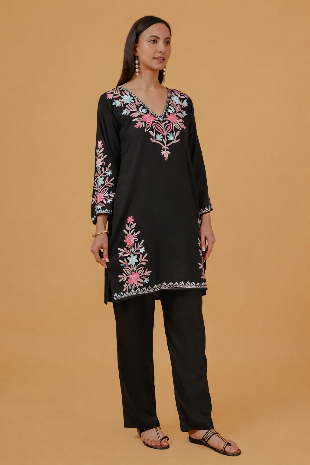 Cotton Kashmiri Aari Embroidered Long Kurta - Black