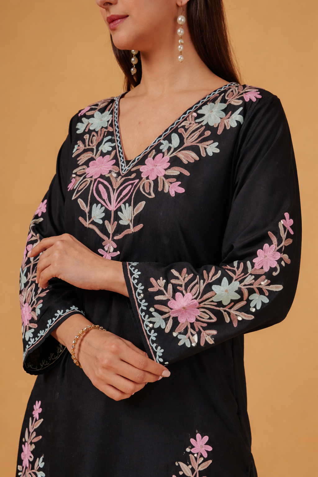 Cotton Kashmiri Aari Embroidered Long Kurta - Black