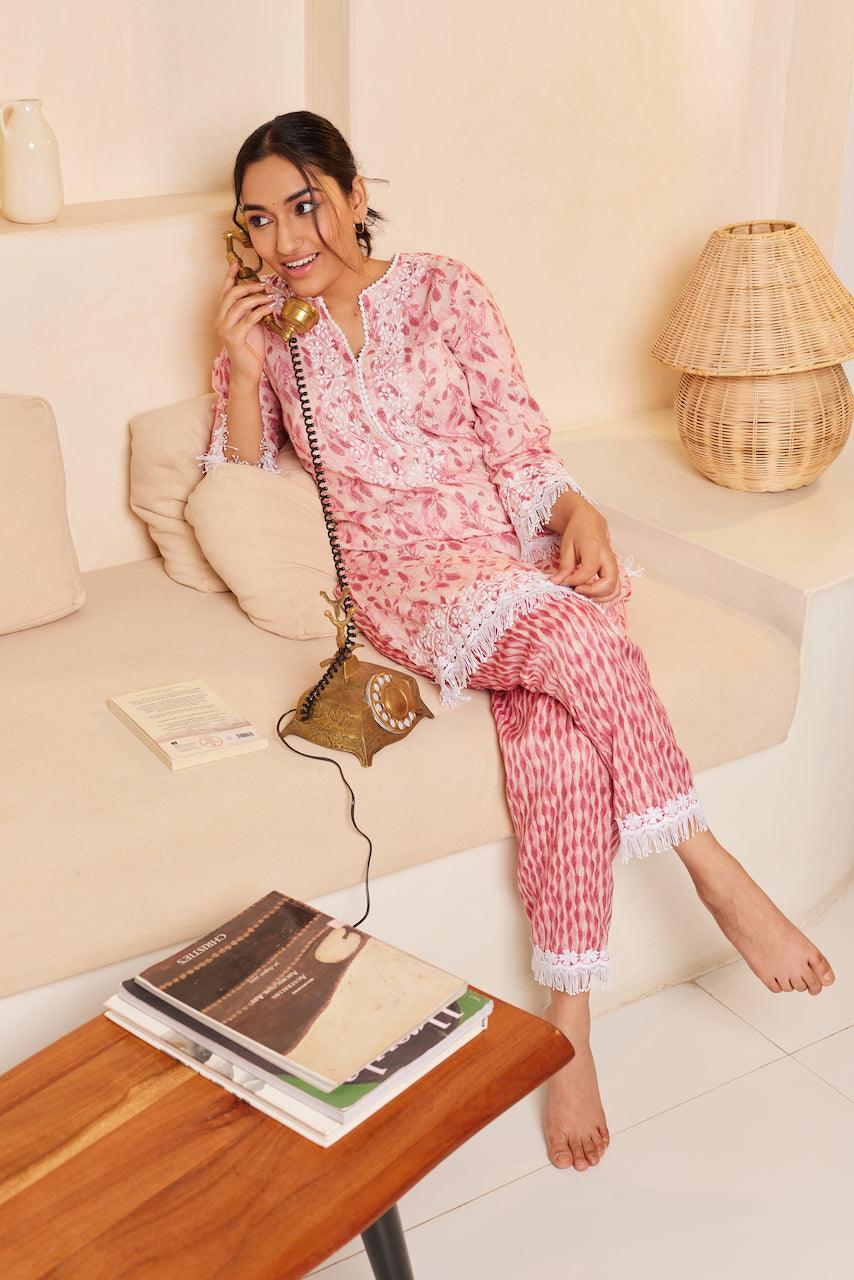 Samma Chikankari Co-ord set in Cotton for Women- Peach - House Of Kari (Chikankari Clothing)