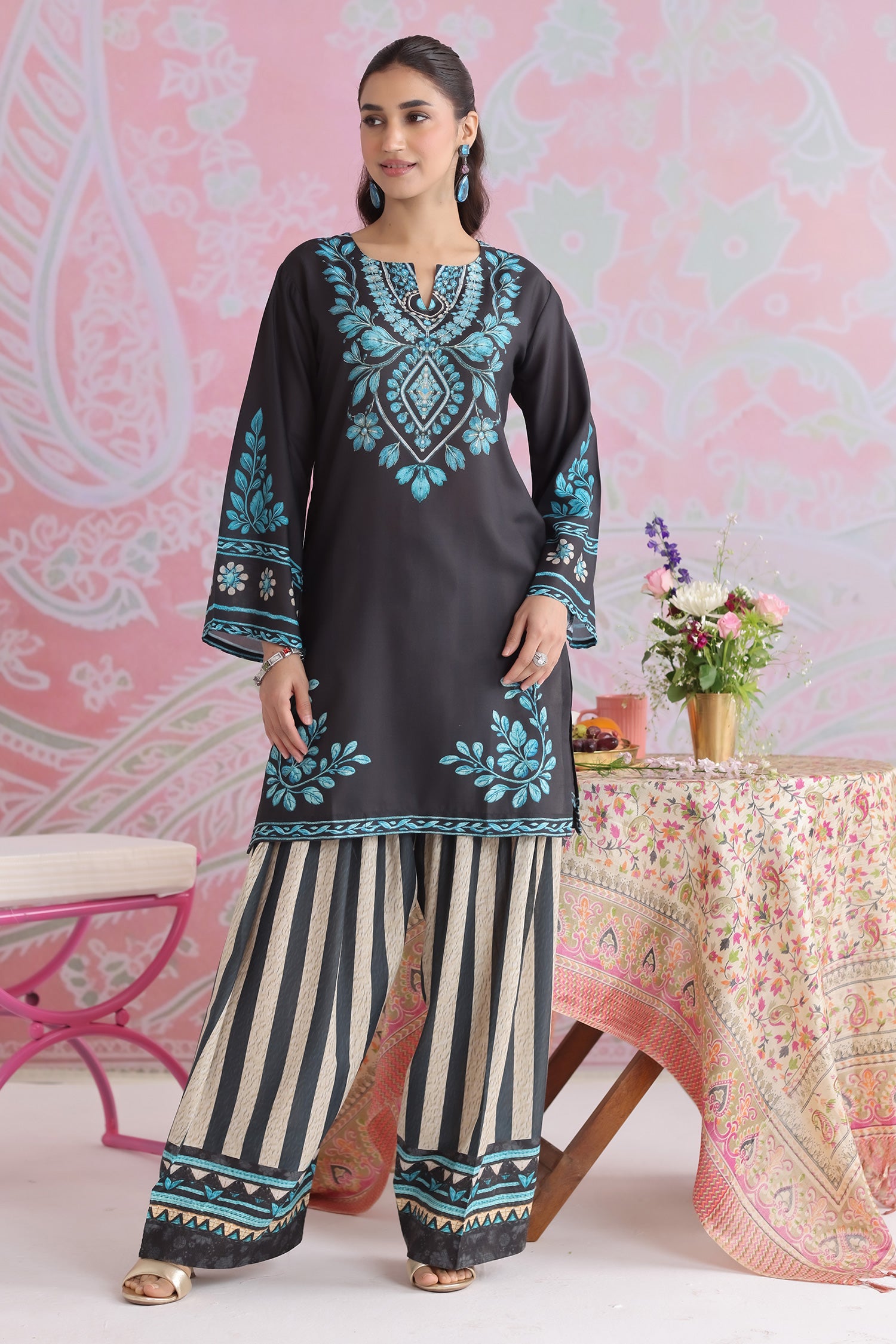 Black & Teal Printed Lawn Cotton Kurta Set with Farsi Pants