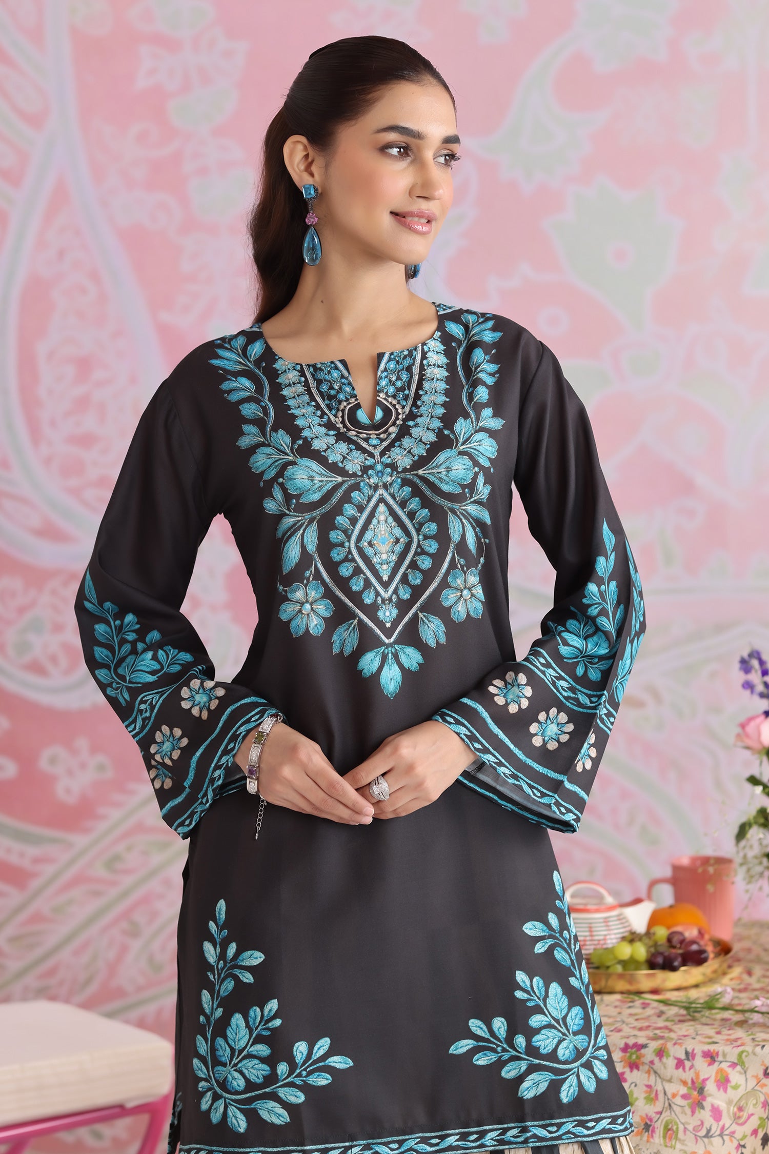 Black & Teal Printed Lawn Cotton Kurta Set with Farsi Pants