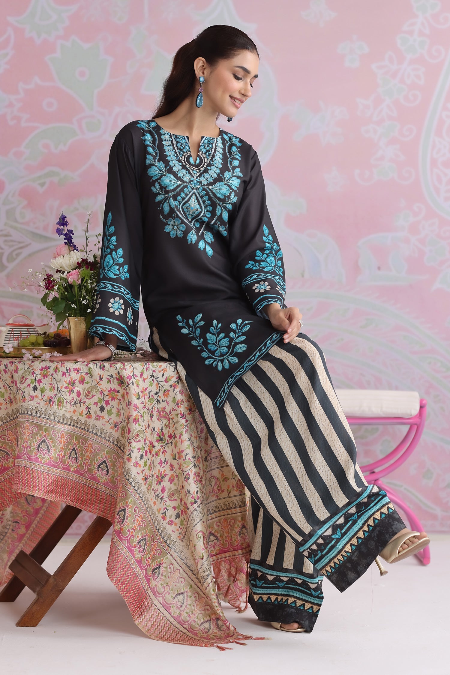 Black & Teal Printed Lawn Cotton Kurta Set with Farsi Pants