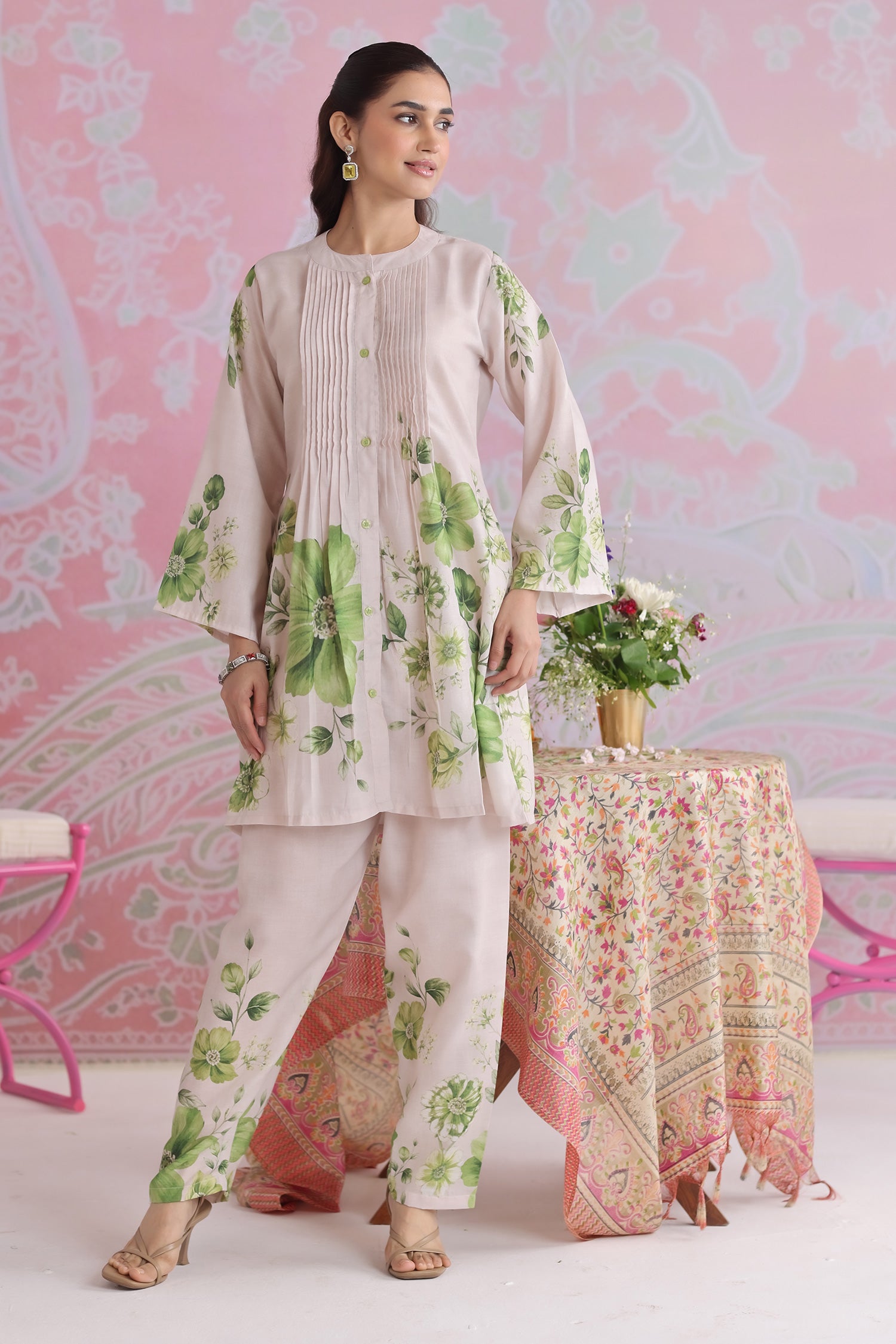 Ivory & Sage Green Printed Lawn Cotton Kurta Set with Straight Pants