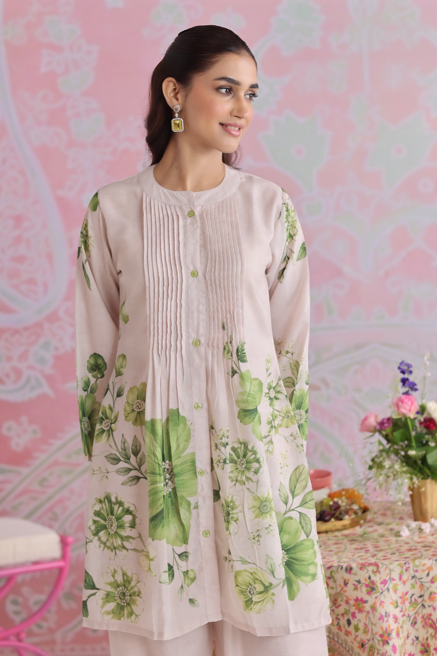 Ivory & Sage Green Printed Lawn Cotton Kurta Set with Straight Pants