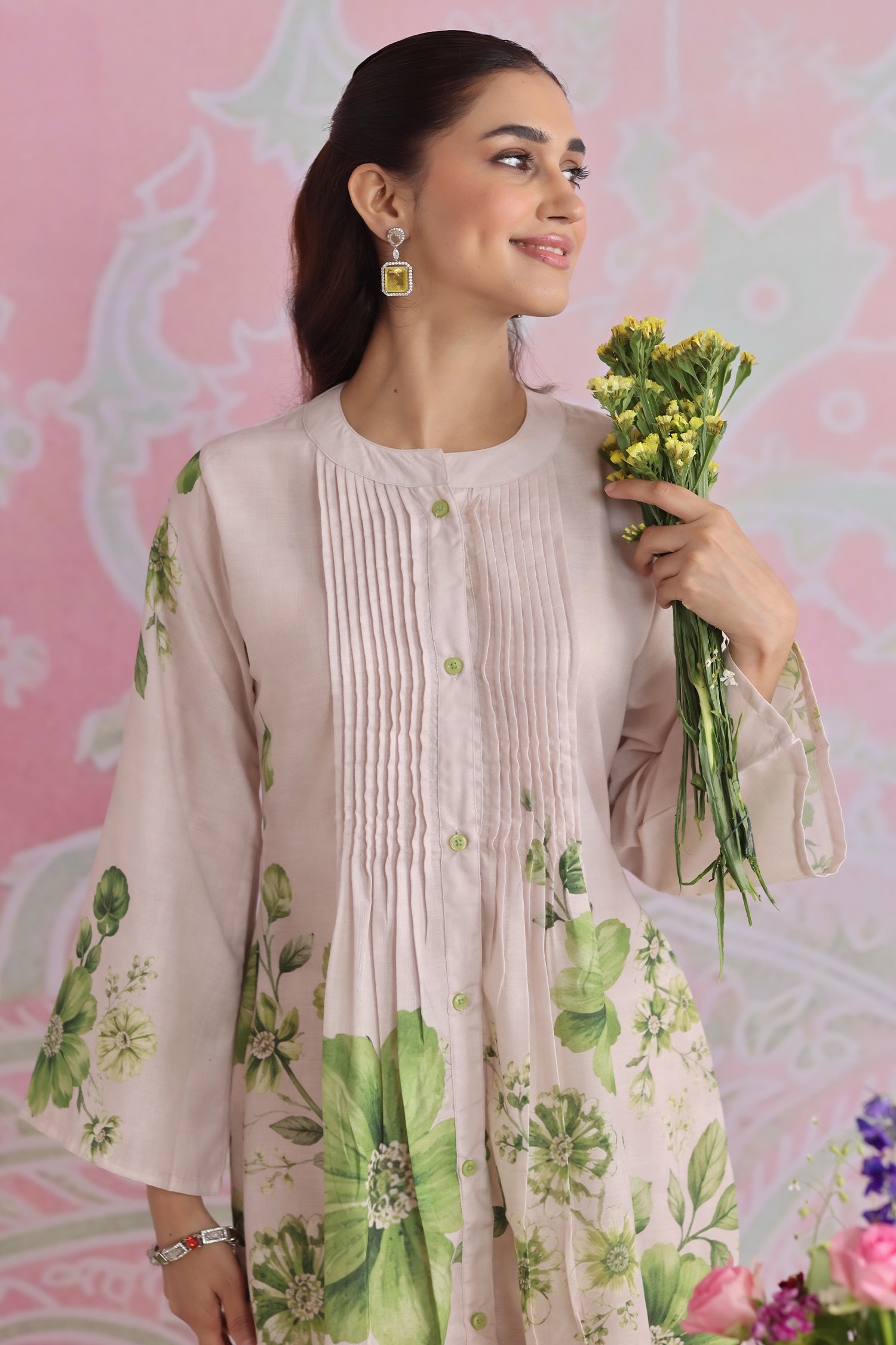 Ivory & Sage Green Printed Lawn Cotton Kurta Set with Straight Pants