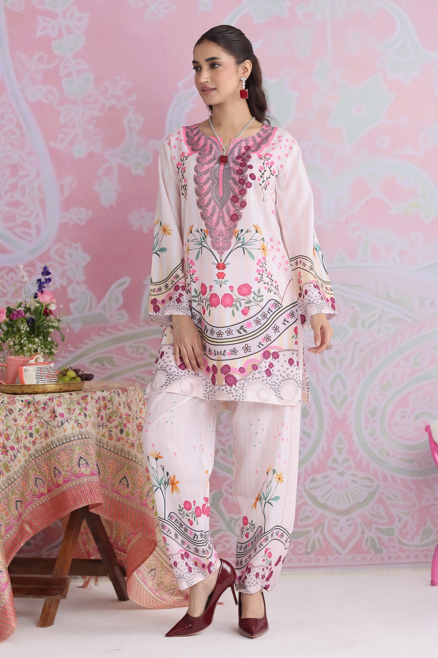 Ivory Floral Printed Lawn Cotton Kurta Set with Straight Pants