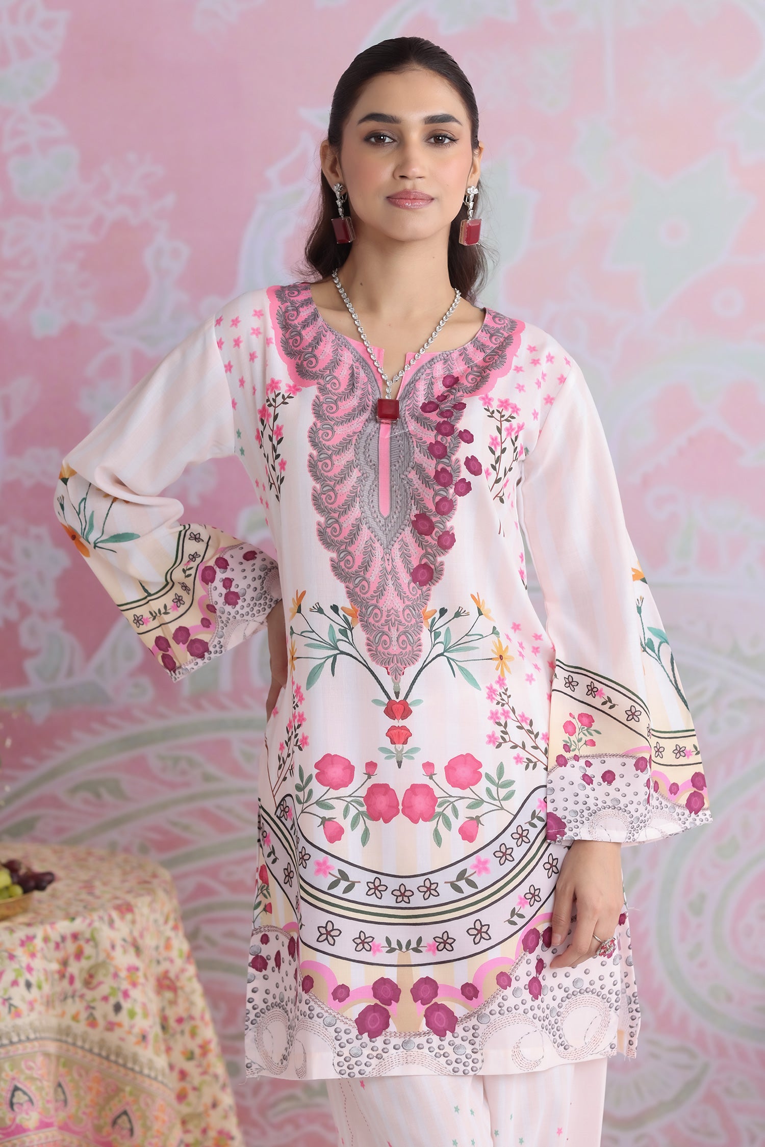 Ivory Floral Printed Lawn Cotton Kurta Set with Straight Pants