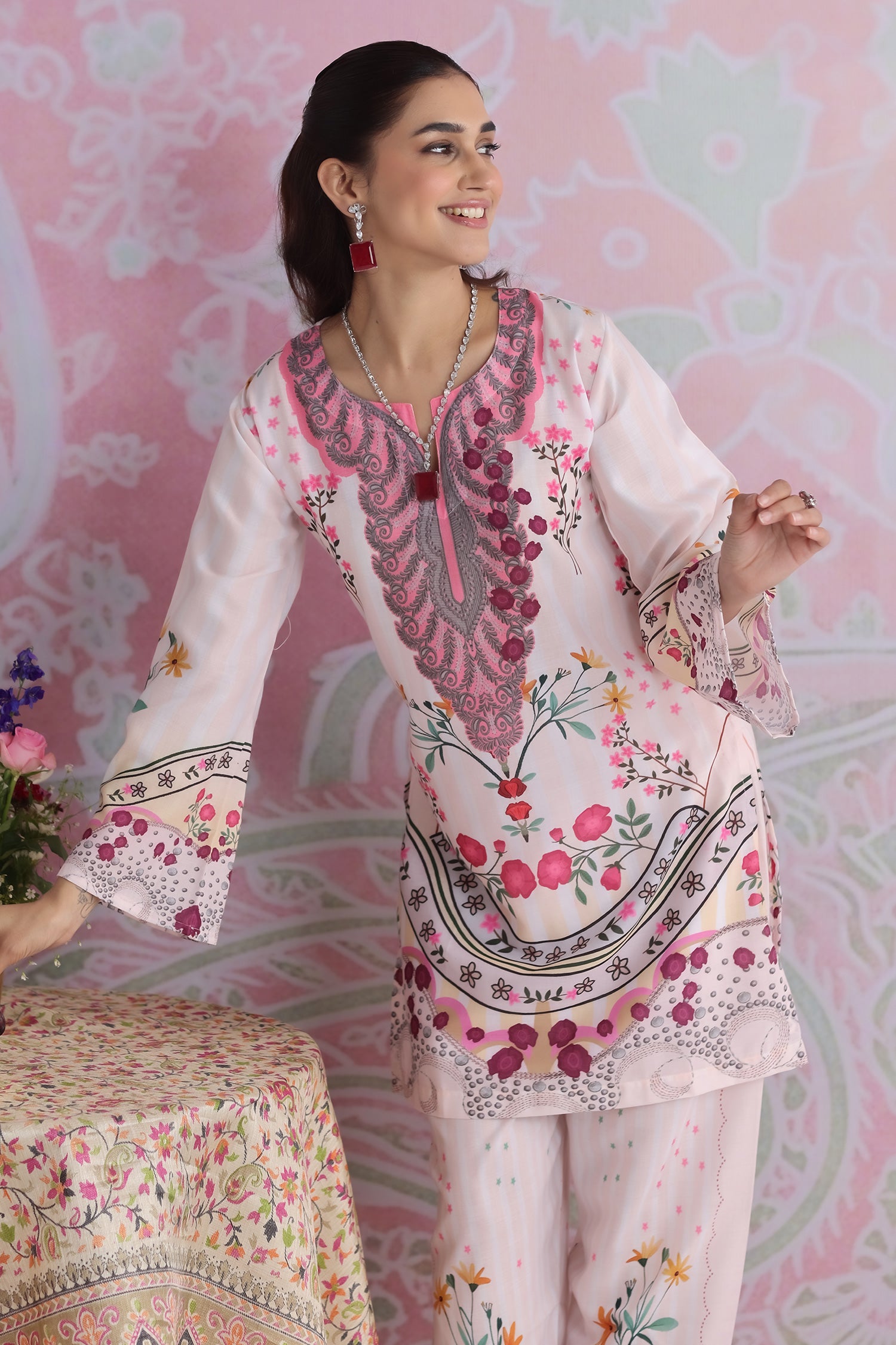 Ivory Floral Printed Lawn Cotton Kurta Set with Straight Pants