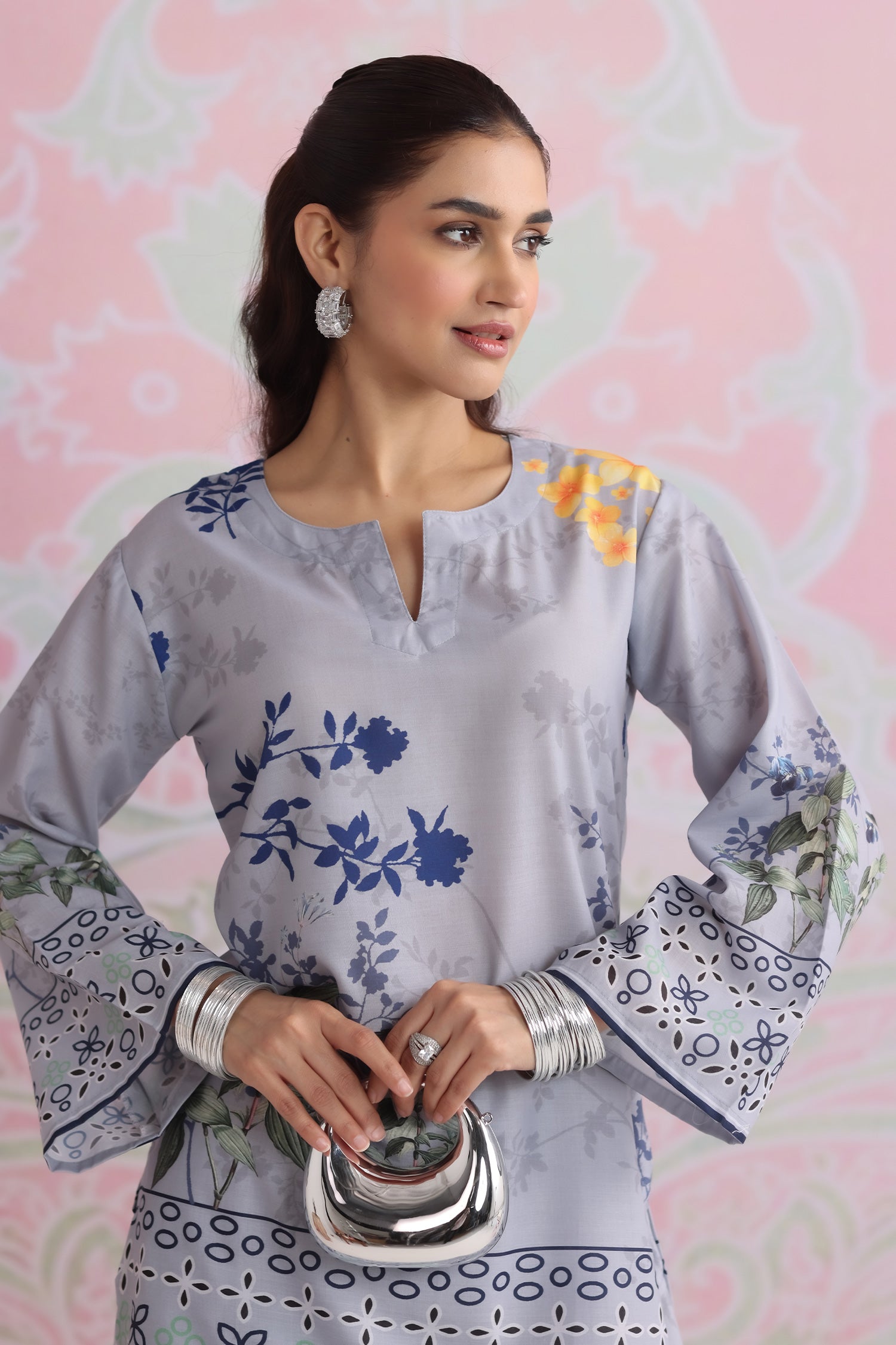 Grey Printed Lawn Cotton Kurta Set with Farsi Pants