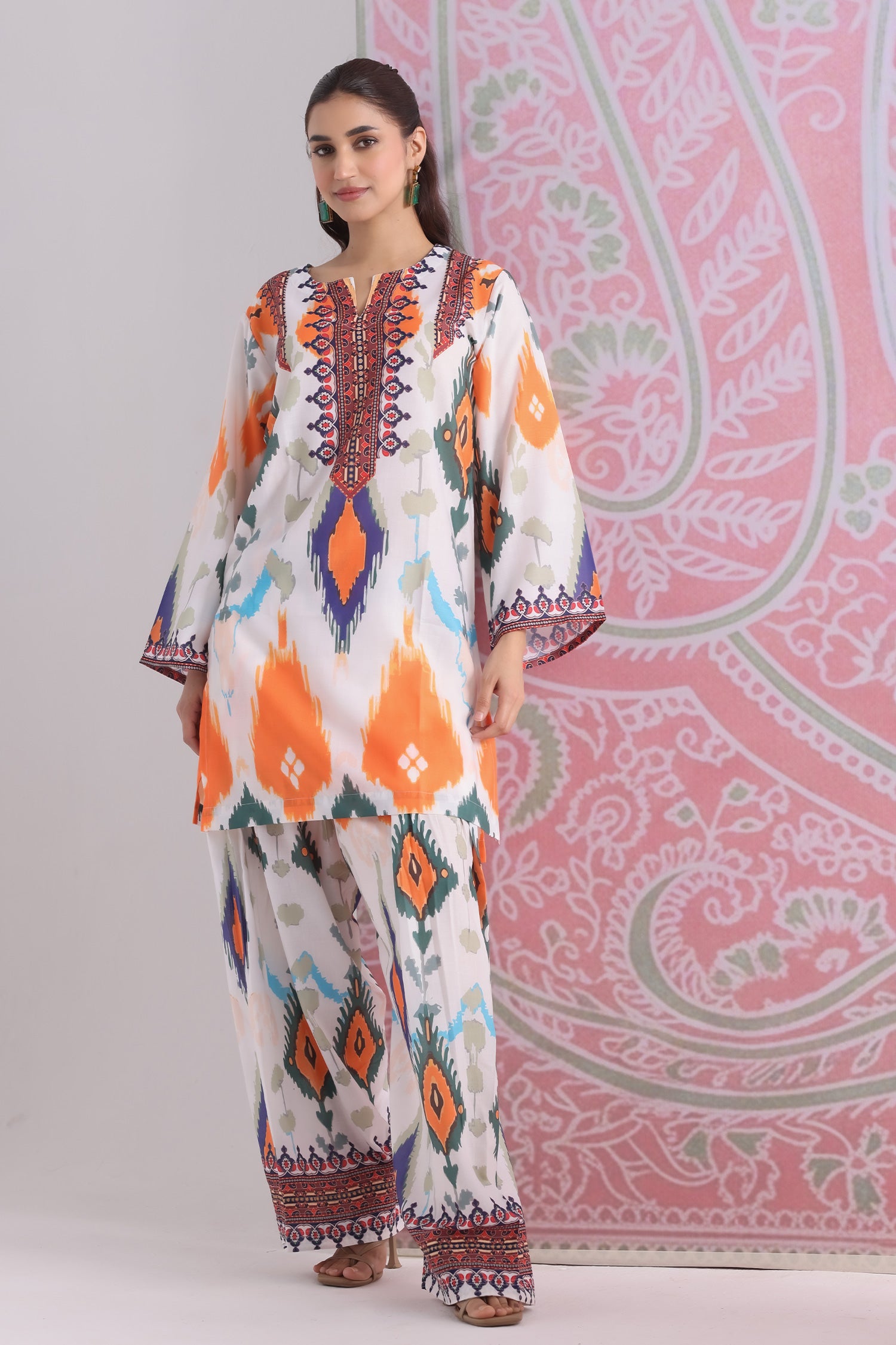Grey Multicolour Ikat Printed Lawn Cotton Kurta Set with Farsi Pants