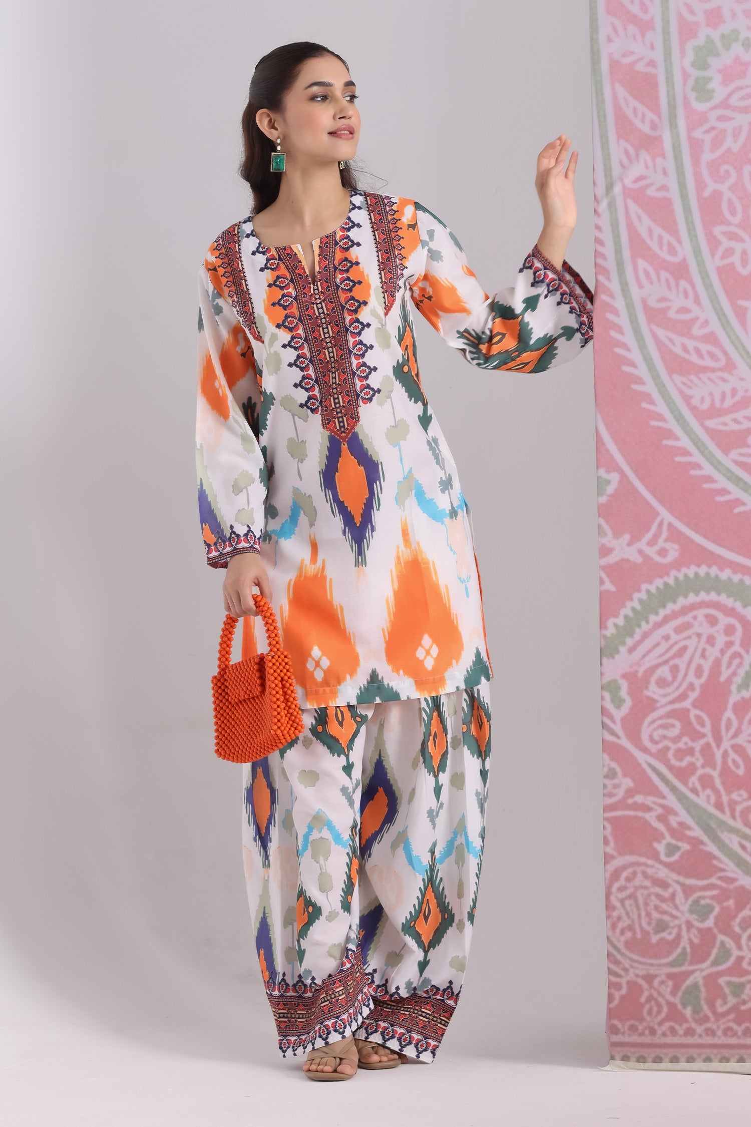 Grey Multicolour Ikat Printed Lawn Cotton Kurta Set with Farsi Pants