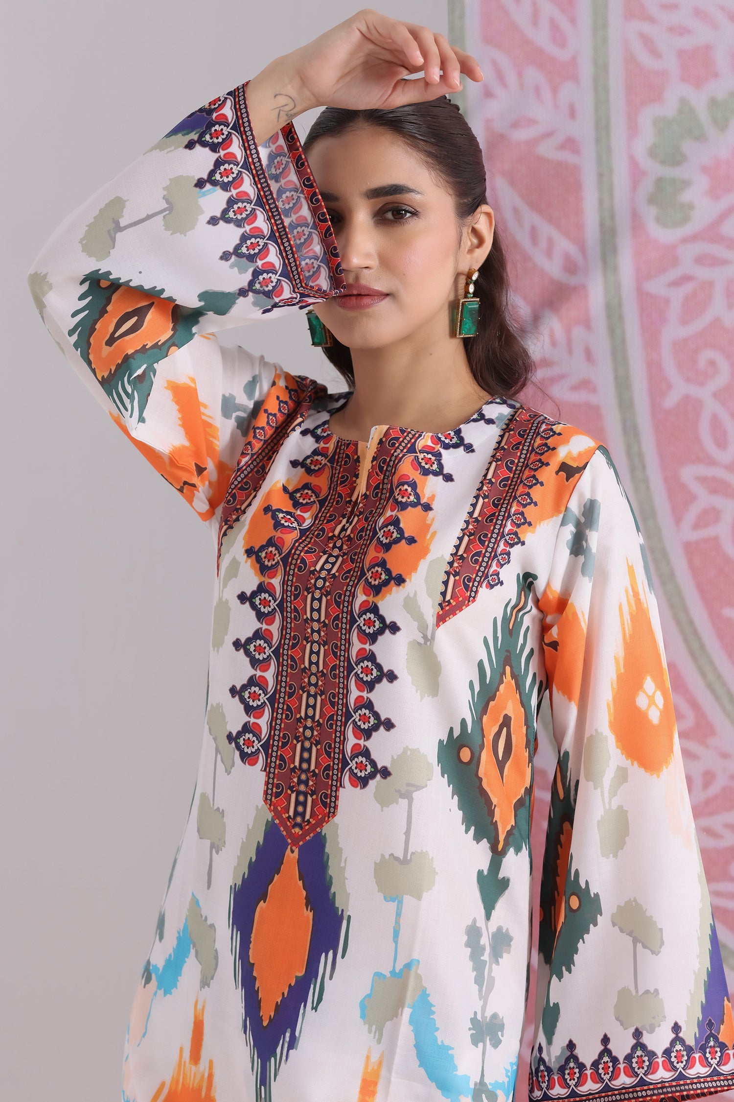 Grey Multicolour Ikat Printed Lawn Cotton Kurta Set with Farsi Pants
