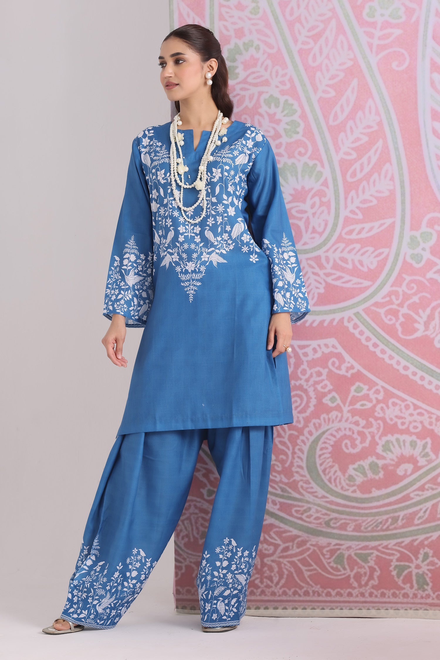Indigo Blue Printed Lawn Cotton Kurta Set with Farsi Pants