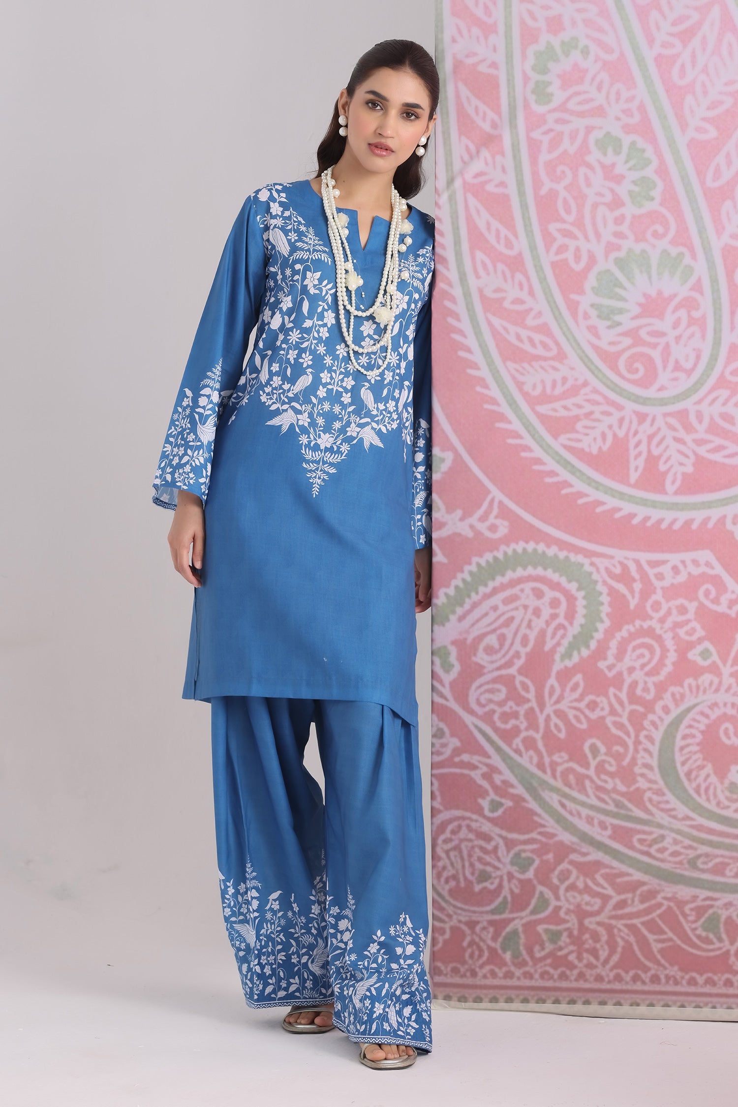 Indigo Blue Printed Lawn Cotton Kurta Set with Farsi Pants