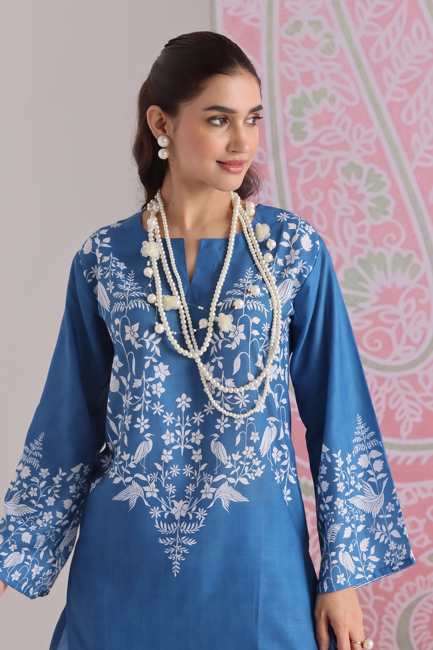 Indigo Blue Printed Lawn Cotton Kurta Set with Farsi Pants