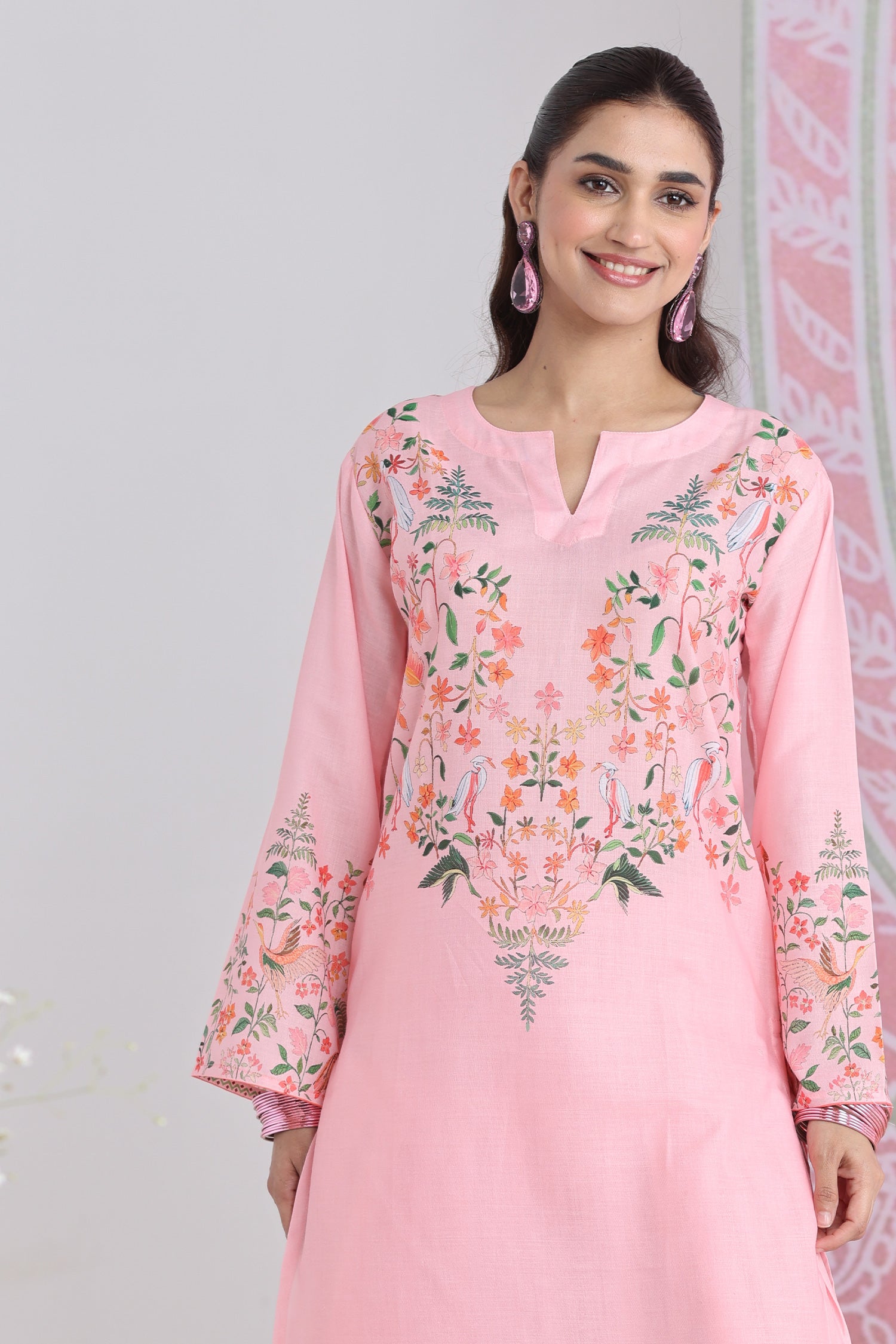 Blush Pink Printed Lawn Cotton Kurta Set with Farsi Pants