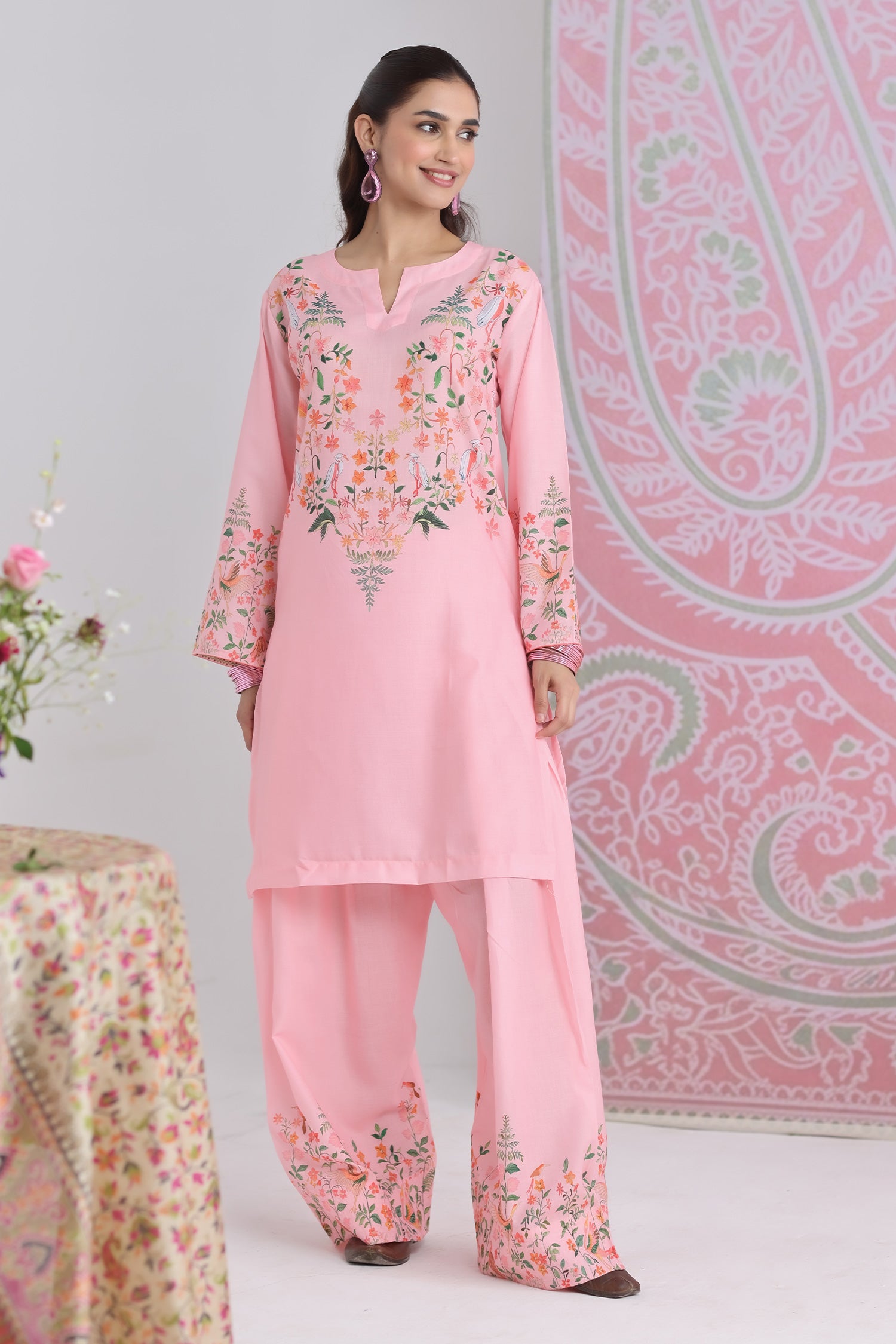 Blush Pink Printed Lawn Cotton Kurta Set with Farsi Pants