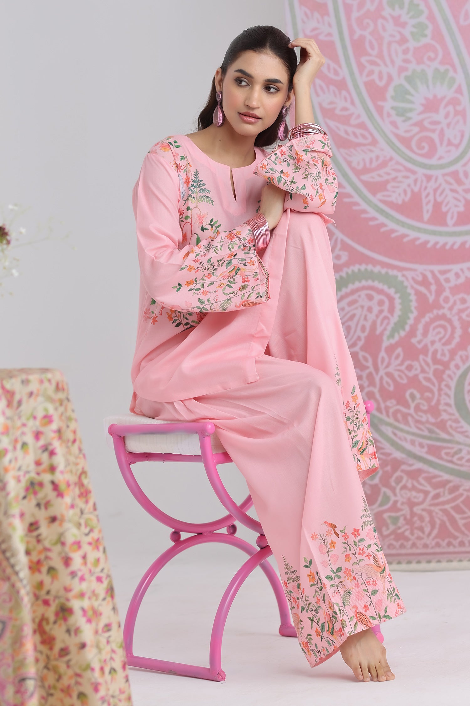 Blush Pink Printed Lawn Cotton Kurta Set with Farsi Pants