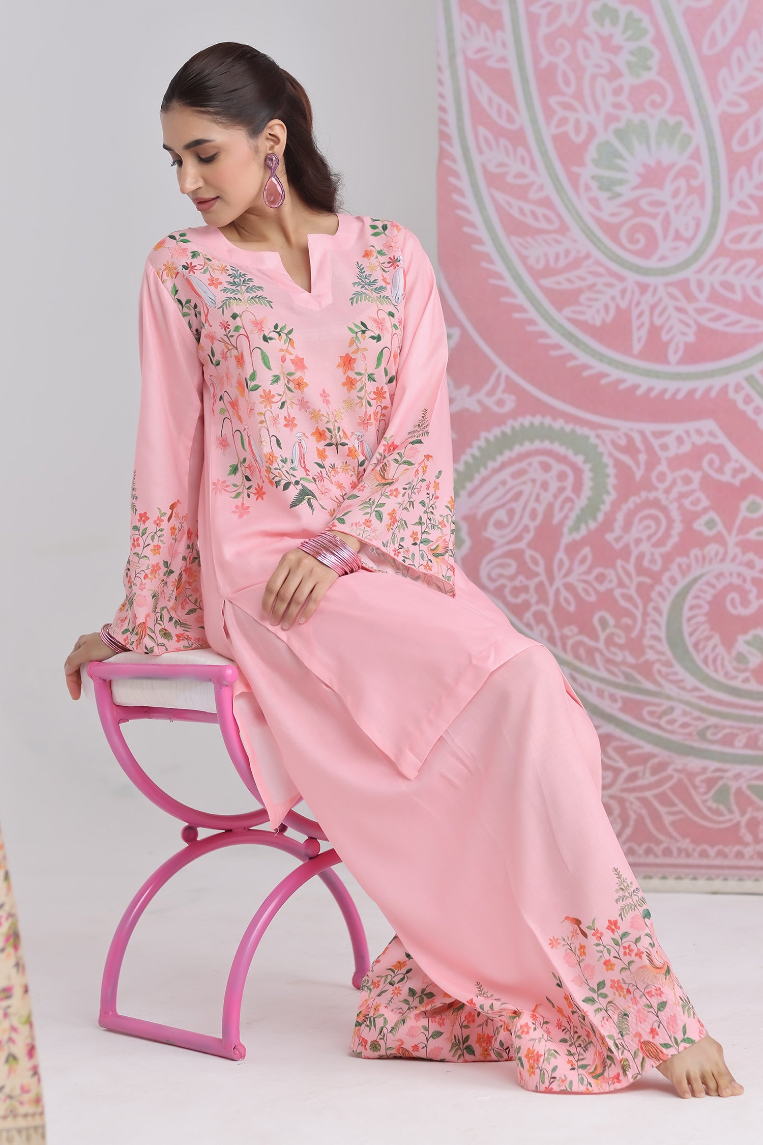 Blush Pink Printed Lawn Cotton Kurta Set with Farsi Pants