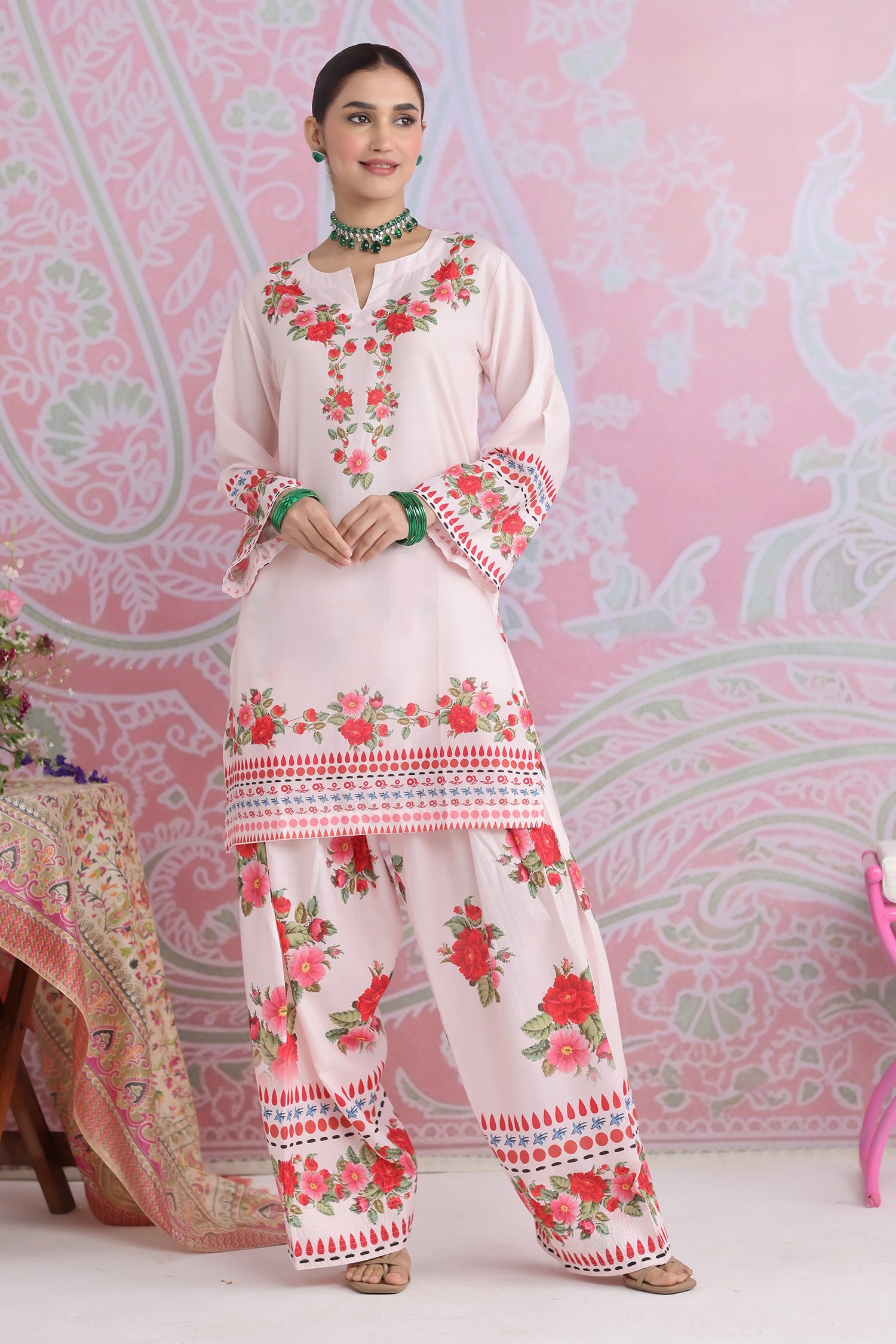 Blush Pink Floral Printed Lawn Cotton Kurta Set with Farsi Pants