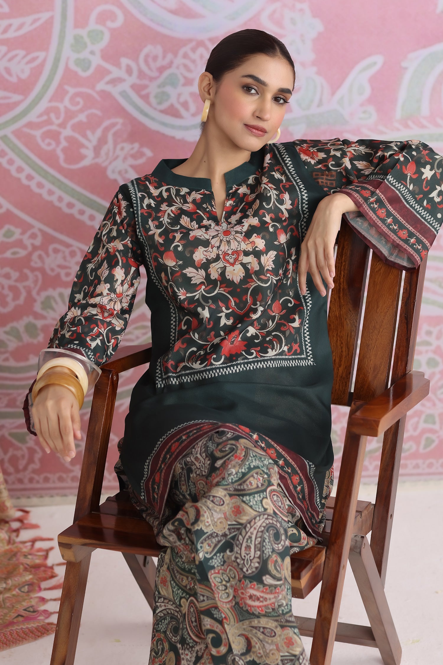 Emerald Green Printed Shimmer Lawn Cotton Kurta Set with Straight Pants