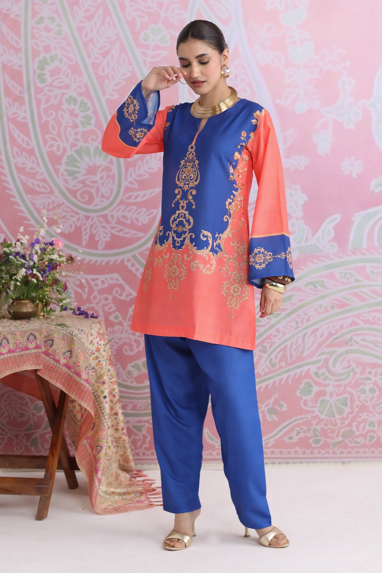 Coral & Royal Blue Printed Lawn Cotton Kurta Set with Straight Pants