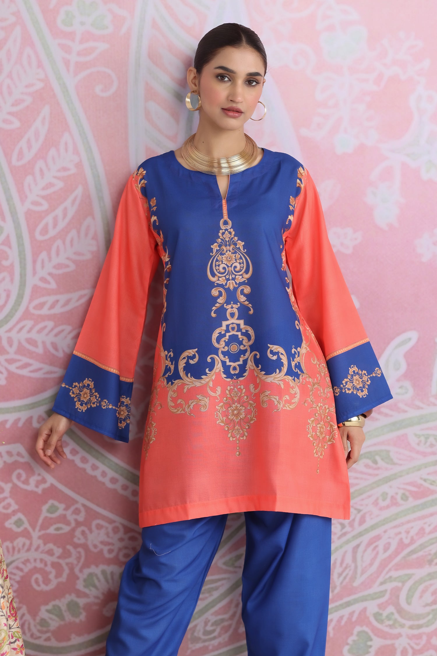 Coral & Royal Blue Printed Lawn Cotton Kurta Set with Straight Pants