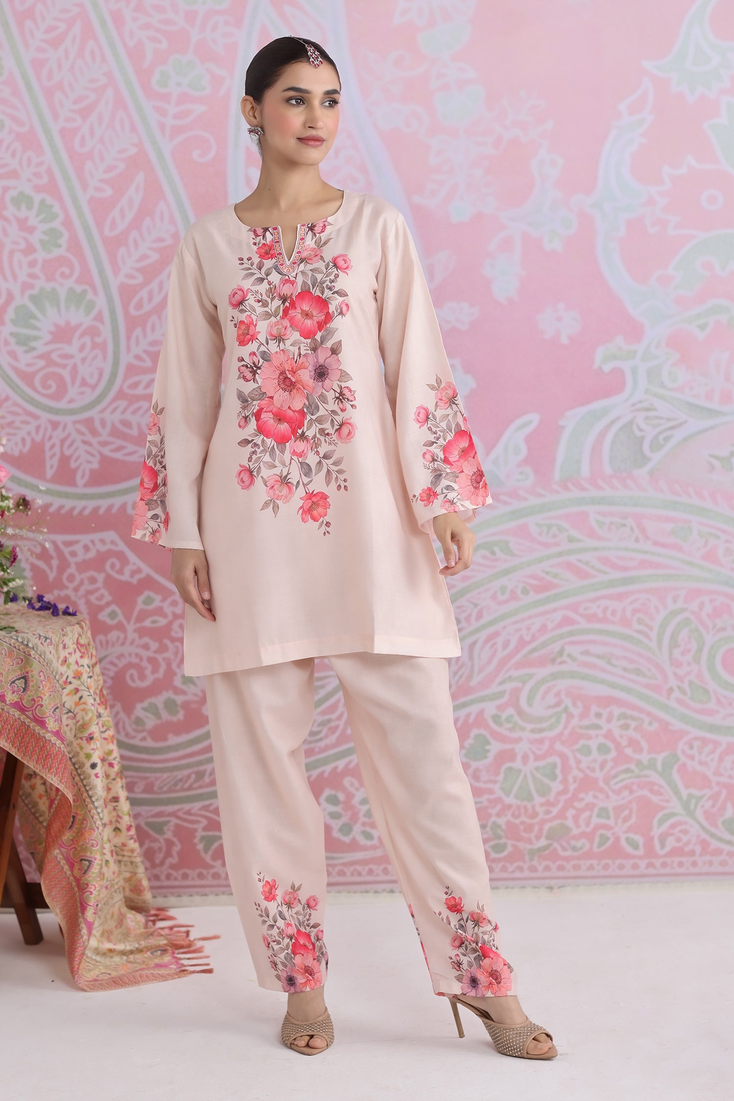 Blush Beige Floral Printed Lawn Cotton Kurta Set with Straight Pants