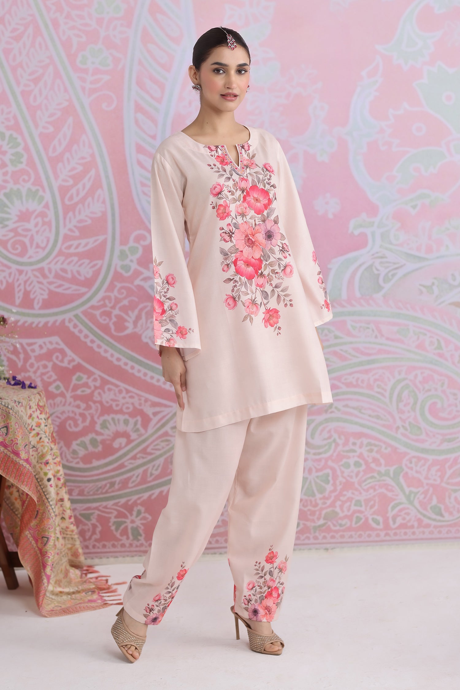 Blush Beige Floral Printed Lawn Cotton Kurta Set with Straight Pants