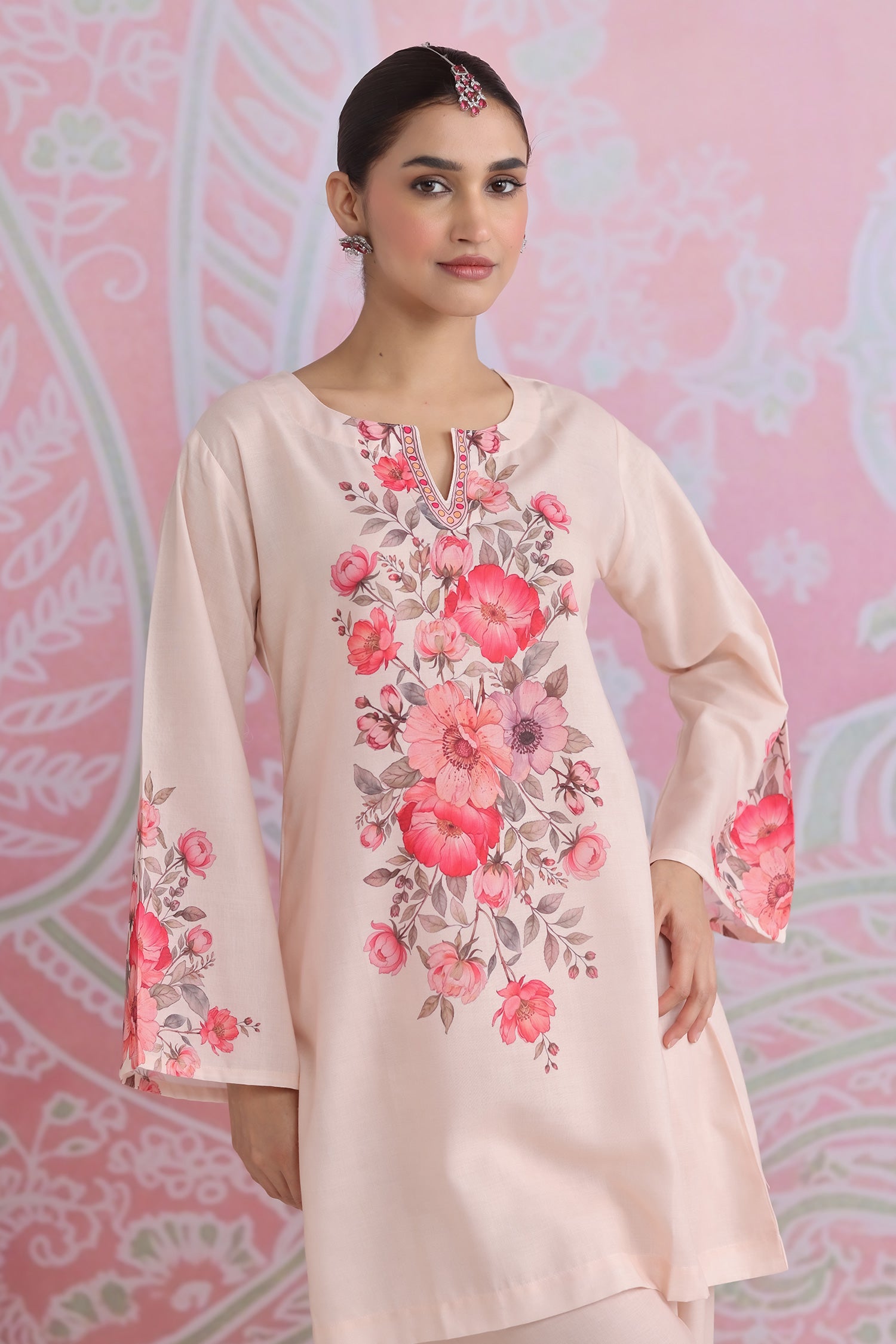 Blush Beige Floral Printed Lawn Cotton Kurta Set with Straight Pants