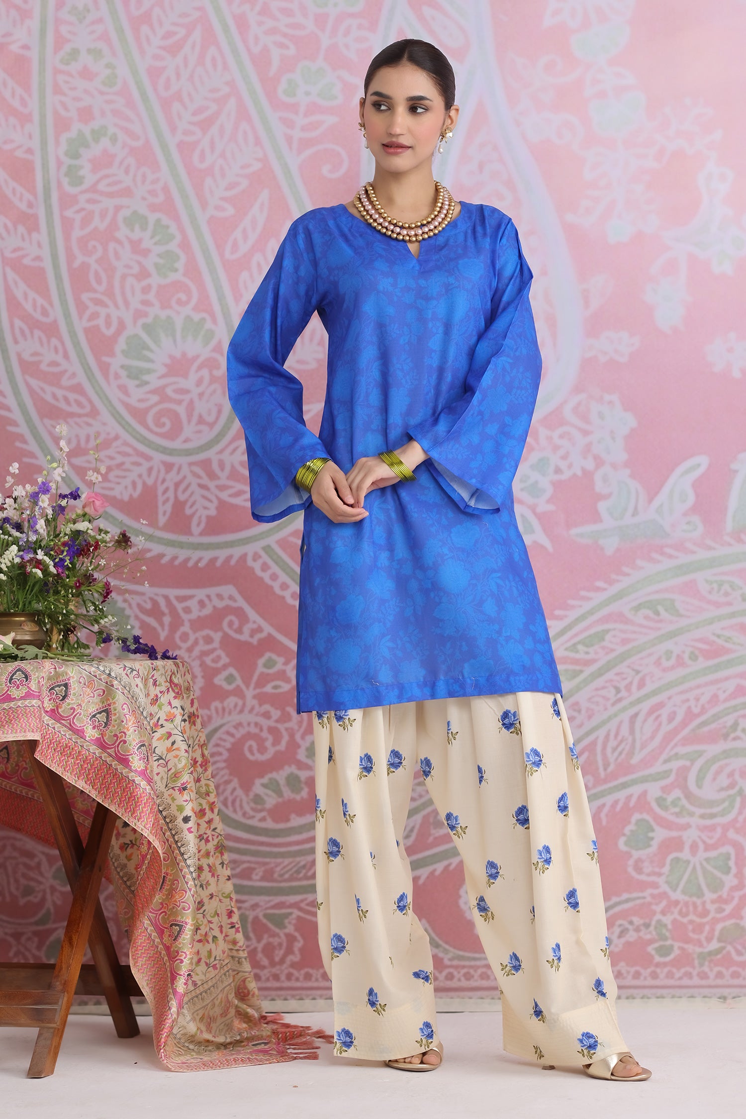 Blue Printed Lawn Cotton Kurta Set with Farsi Pants