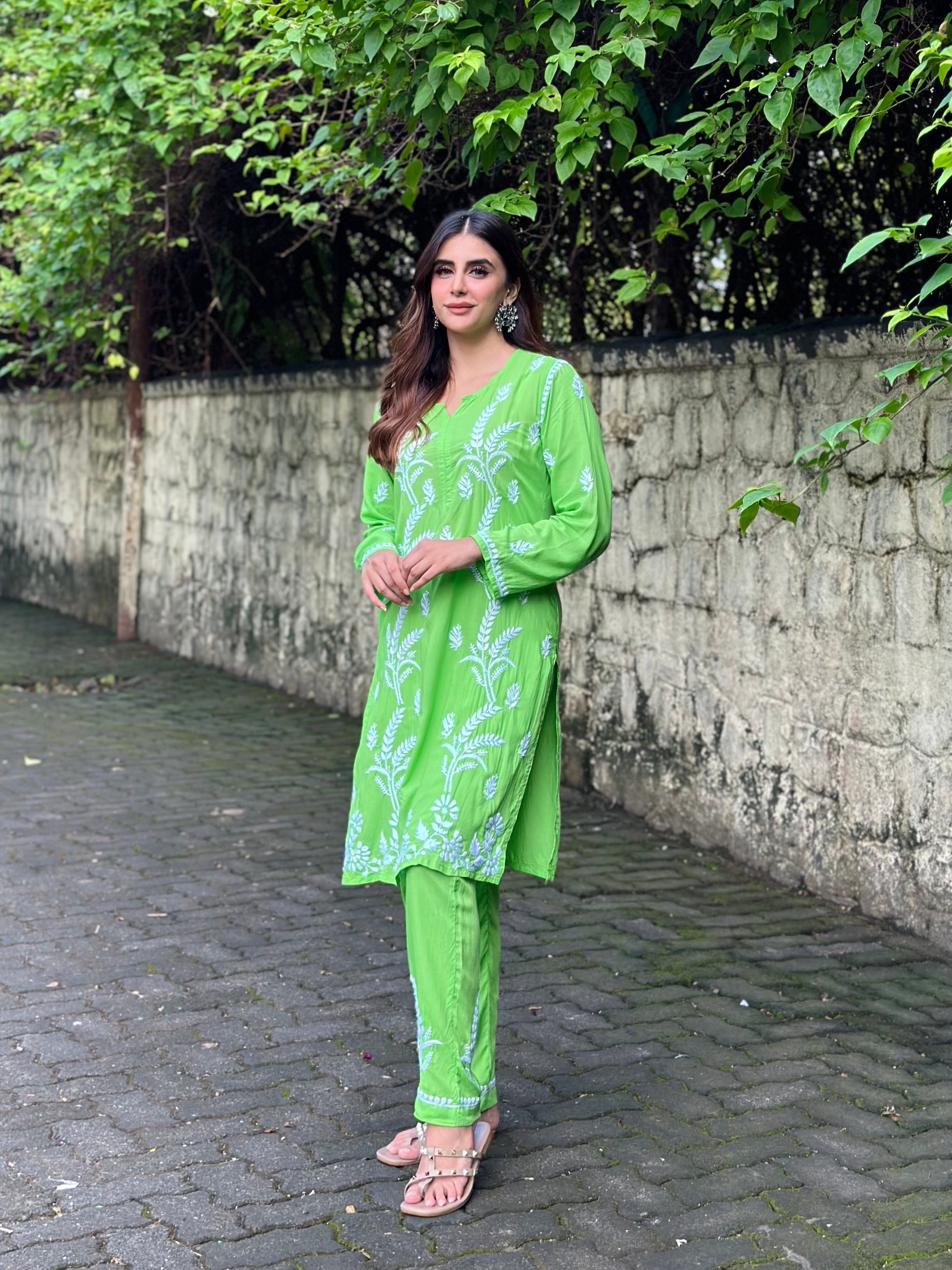 Miesha in Chikankari Short Modal Kurta Set - Green - House Of Kari (Chikankari Clothing)
