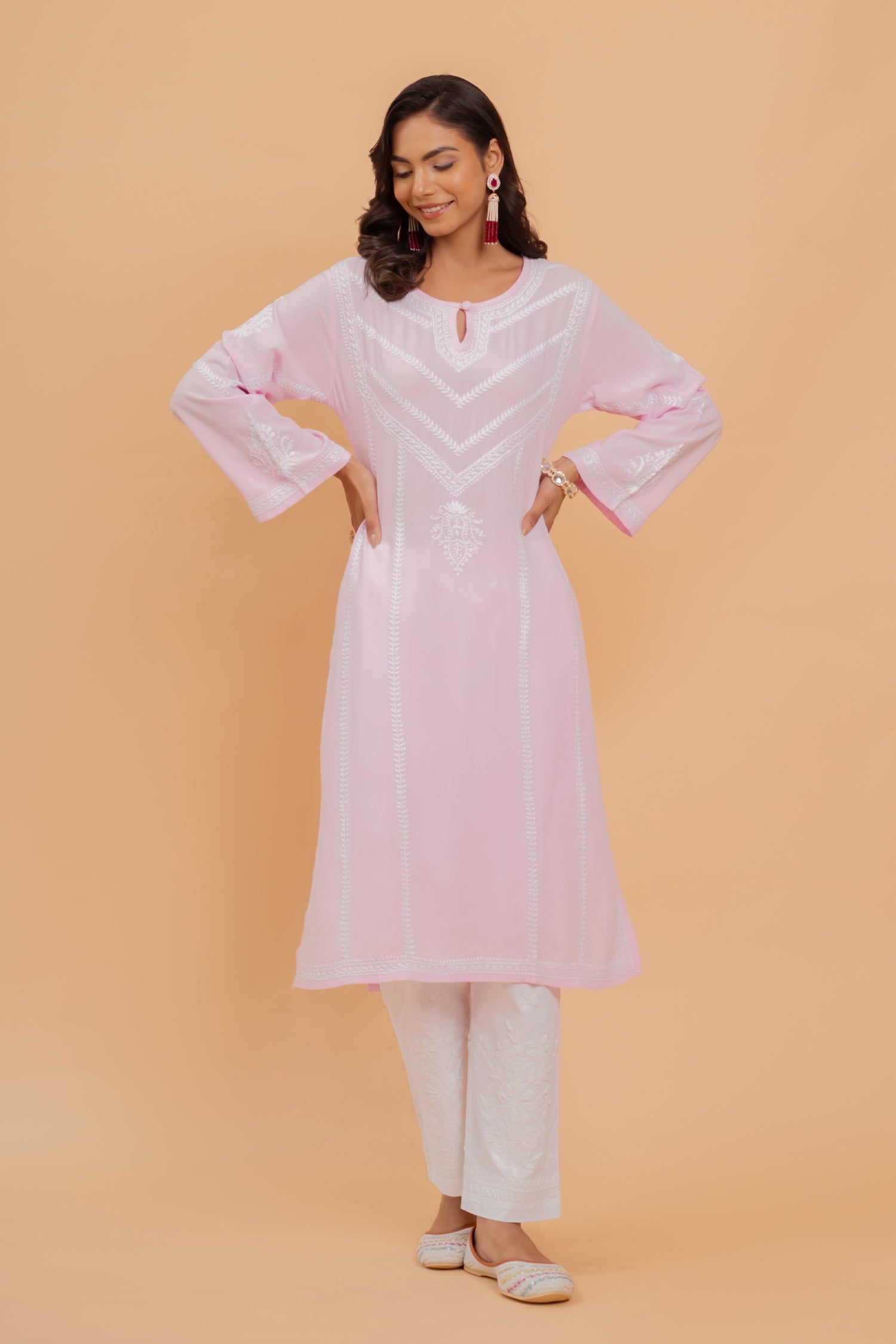 Saba Chikankari Long Kurta In Rayon - Pink